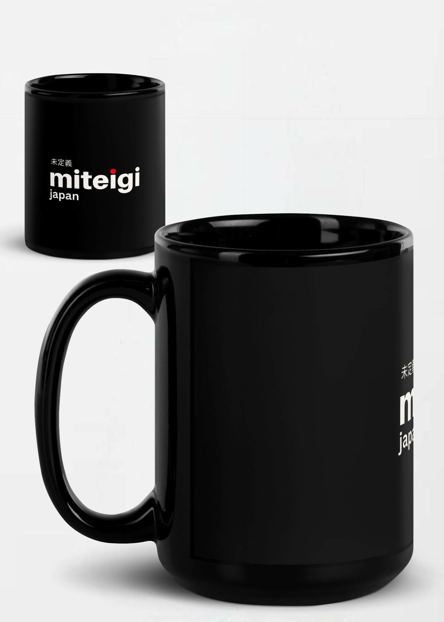 Black Glossy Mug miteigi Logo   Drinks cup coffee, tea, juice, milk drinking cups miteigi-Logo branded product item tumblers ceramics in black with white pattern mugs 11oz, 15oz