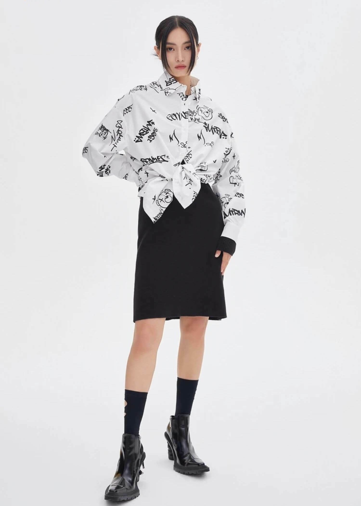 Graphic Shirt   Women’s Casual Blouse Summer Long-Sleeves turn-down collar Shirts Loose Blouses Tops Shirts for woman in white Comfortable Metersbonwe womens Fashion Trend Brand