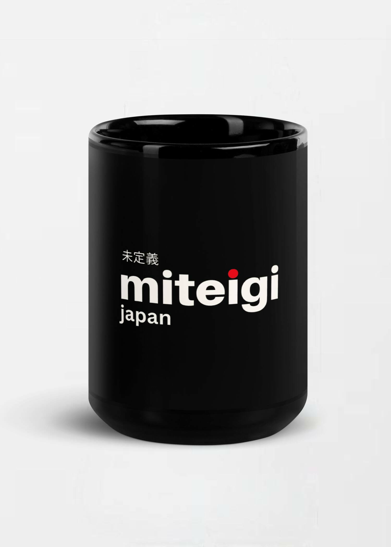 Black Glossy Mug miteigi Logo   Drinks cup coffee, tea, juice, milk drinking cups miteigi-Logo branded product item tumblers ceramics in black with white pattern mugs 15oz