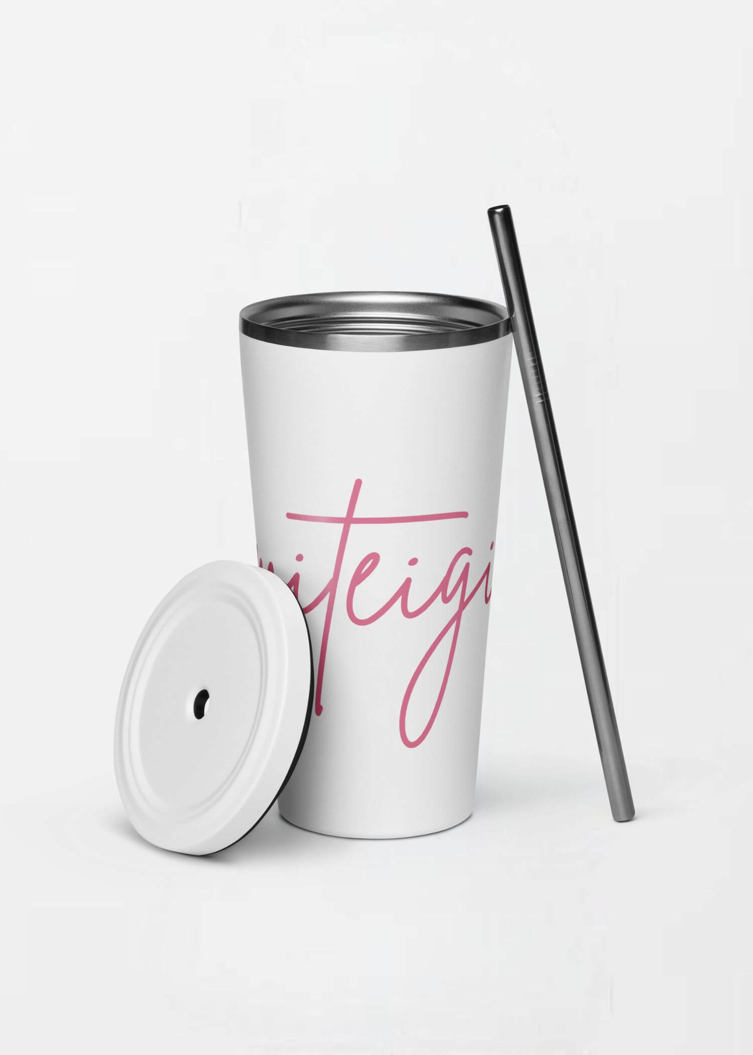 Insulated Tumbler with Straw miteigi Script Logo   miteigi-logo design stainless steel wine, milk water drinks tumblers with lid and straw Outdoor sports fitness drinkware in white with pink pattern