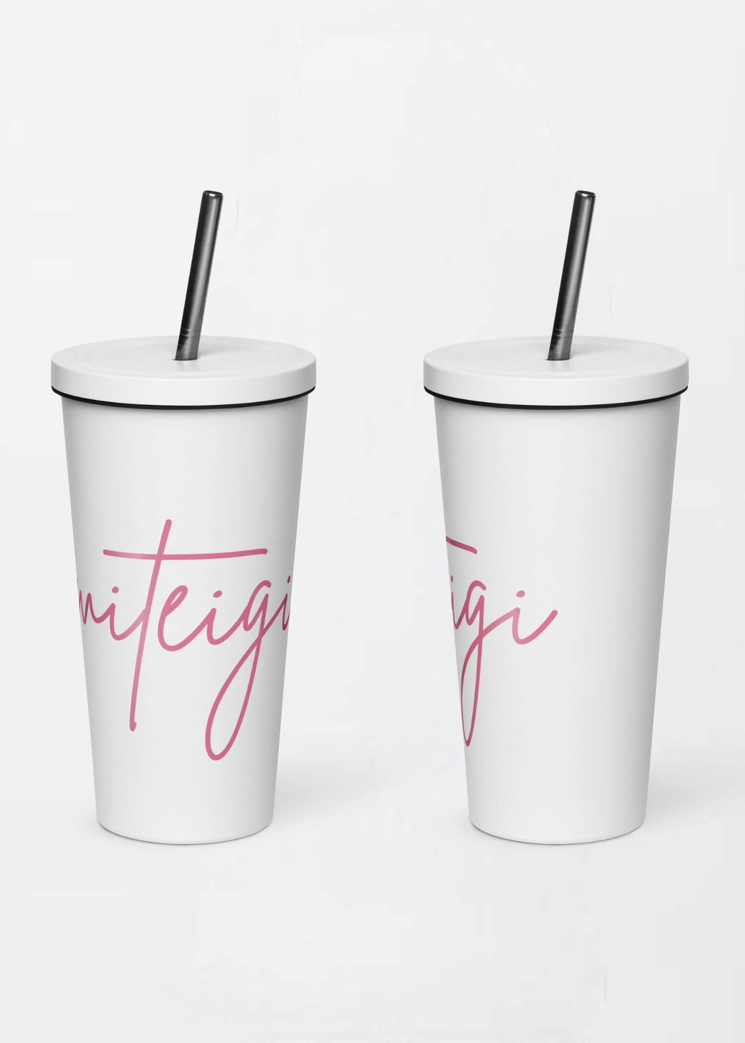 Insulated Tumbler with Straw miteigi Script Logo   miteigi-logo design stainless steel wine, milk water drinks tumblers with lid and straw Outdoor sports fitness drinkware in white with pink pattern