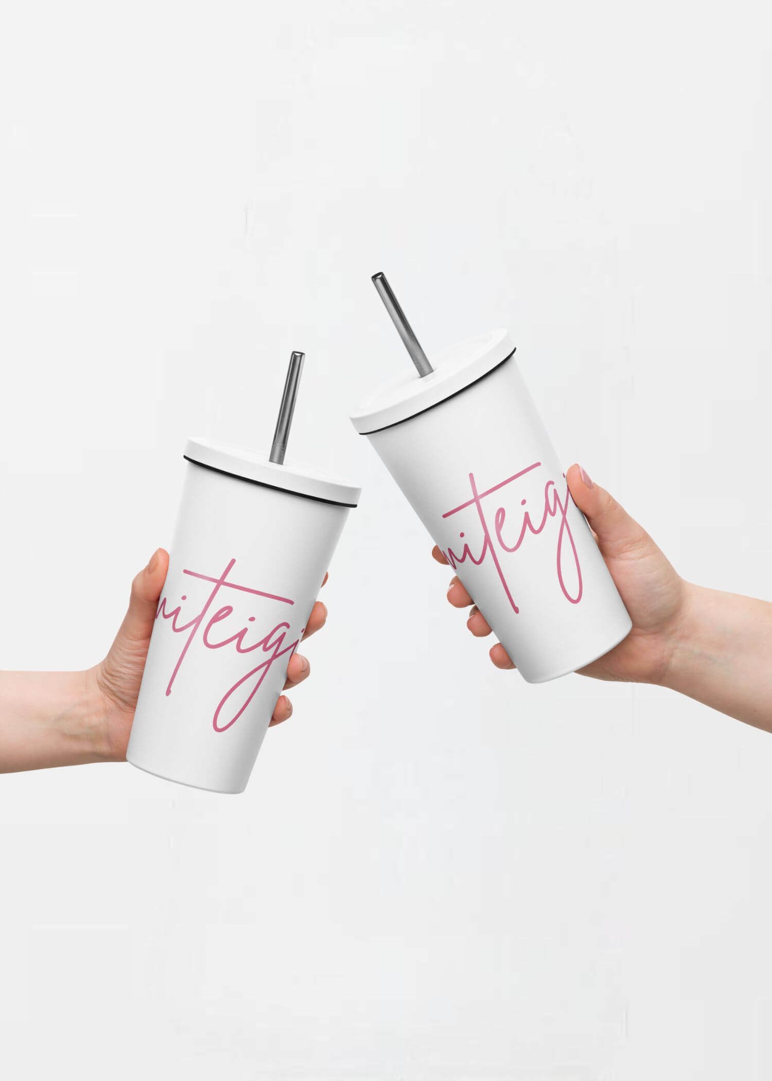 Insulated Tumbler with Straw miteigi Script Logo   miteigi-logo design stainless steel wine, milk water drinks tumblers with lid and straw Outdoor sports fitness drinkware in white with pink pattern