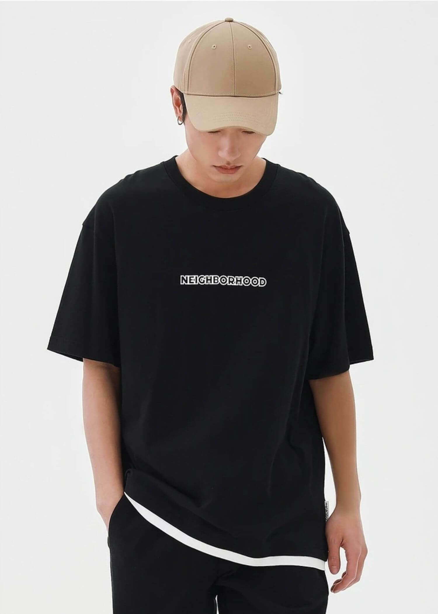 Letter Print Crewneck T-Shirt black   Men's Short Sleeves TShirt Summer Pure Cotton round o-neck Casual NEIGHBORHOOD Tees mens crew neck Tops petite-, tall-, plus-, size T-Shirts for man Metersbonwe