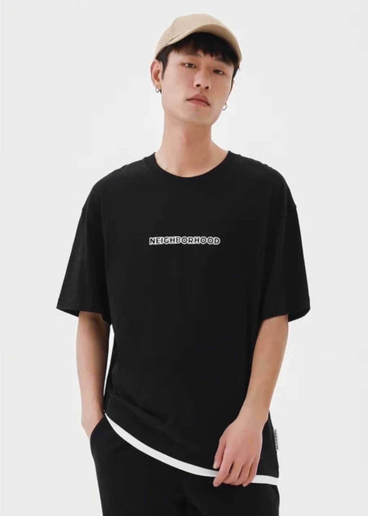 Letter Print Crewneck T-Shirt black   Men's Short Sleeves TShirt Summer Pure Cotton round o-neck Casual NEIGHBORHOOD Tees mens crew neck Tops petite-, tall-, plus-, size T-Shirts for man Metersbonwe