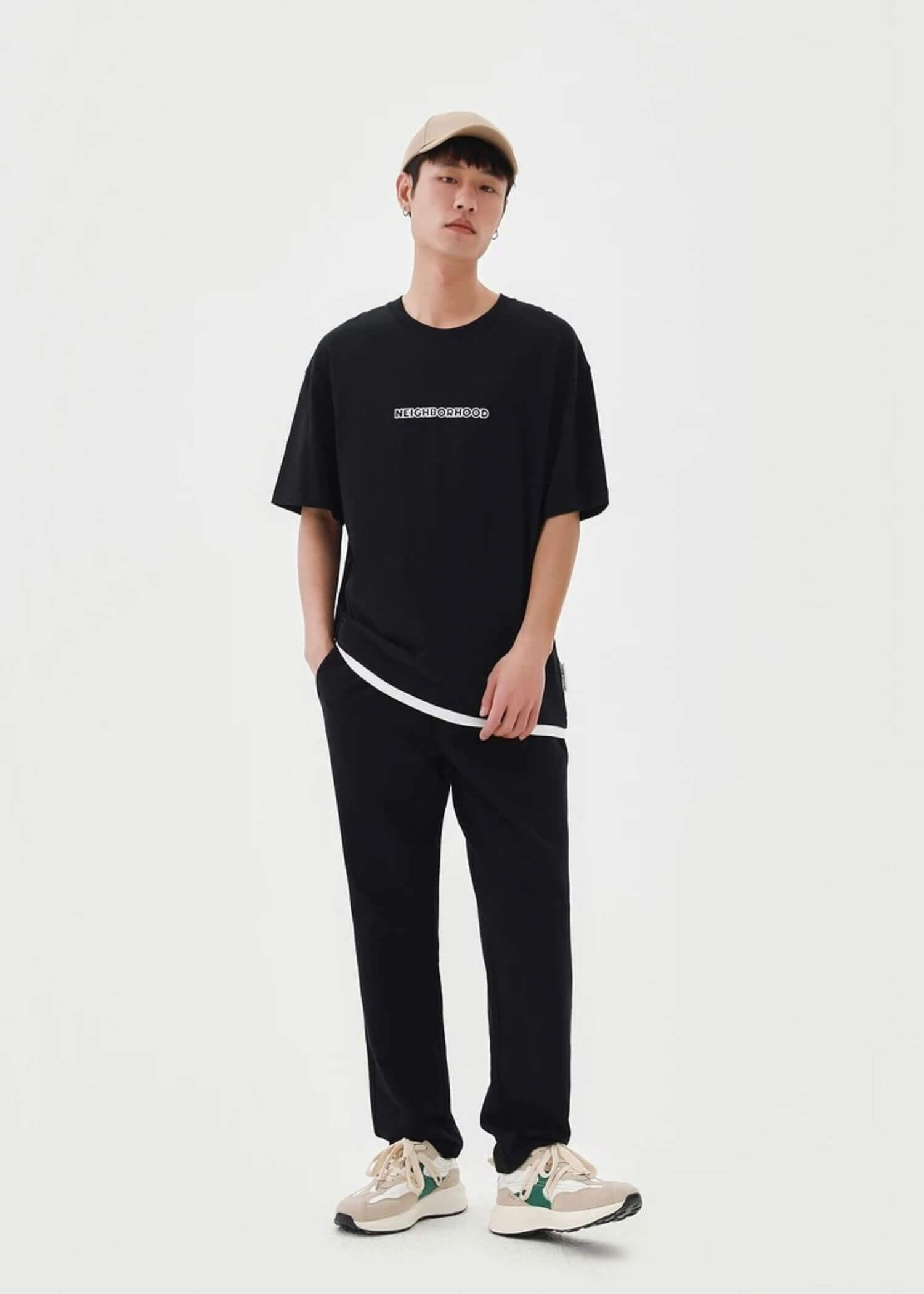 Letter Print Crewneck T-Shirt black   Men's Short Sleeves TShirt Summer Pure Cotton round o-neck Casual NEIGHBORHOOD Tees mens crew neck Tops petite-, tall-, plus-, size T-Shirts for man Metersbonwe