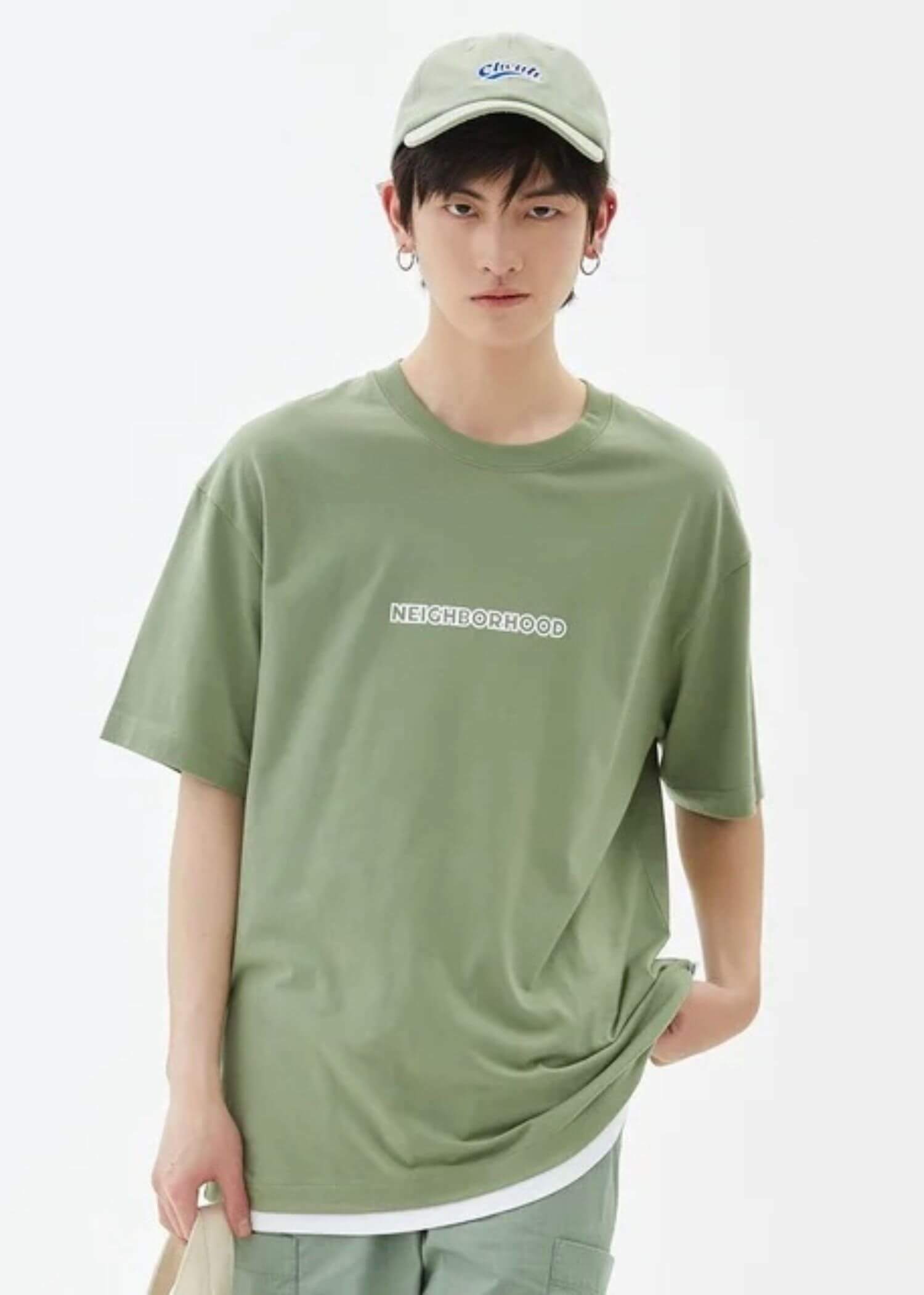 Letter Print Crewneck T-Shirt green   Men's Short Sleeves TShirt Summer Pure Cotton round o-neck Casual NEIGHBORHOOD Tees mens crew neck Tops in light-green petite-, tall-, plus-, size T-Shirts for man Metersbonwe