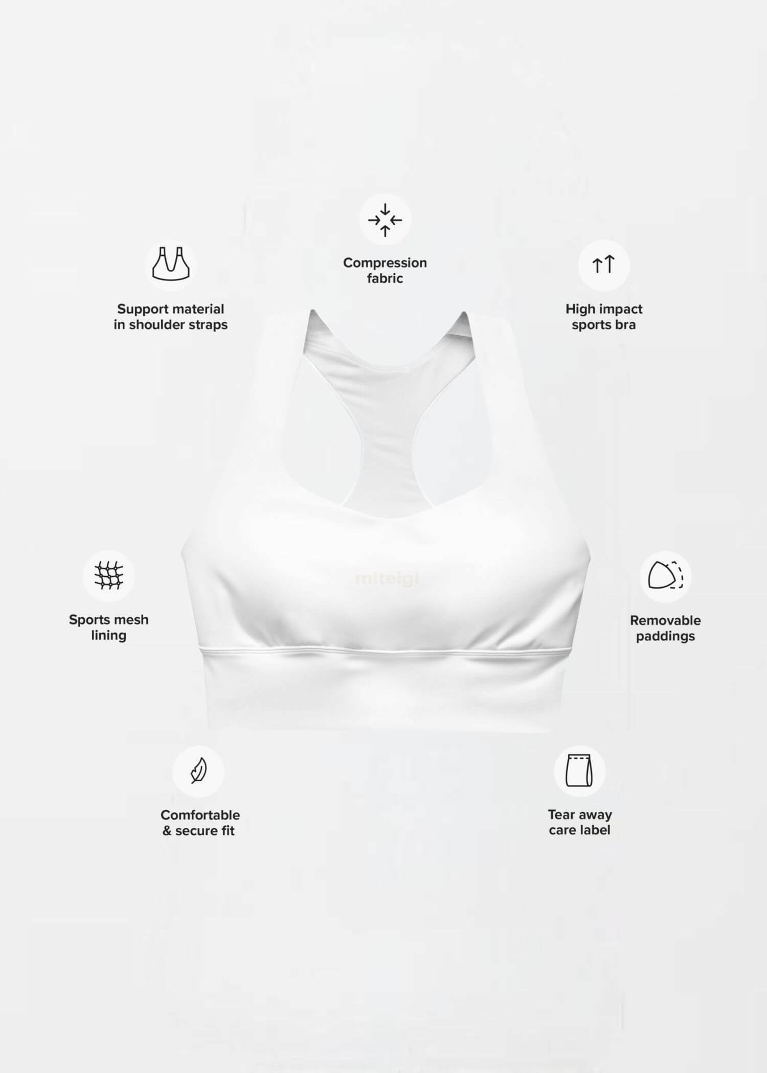Longline Sports Bra miteigi Logo     Branded product item Fitness Sports Activewear by miteigi products brand items gym yoga bras