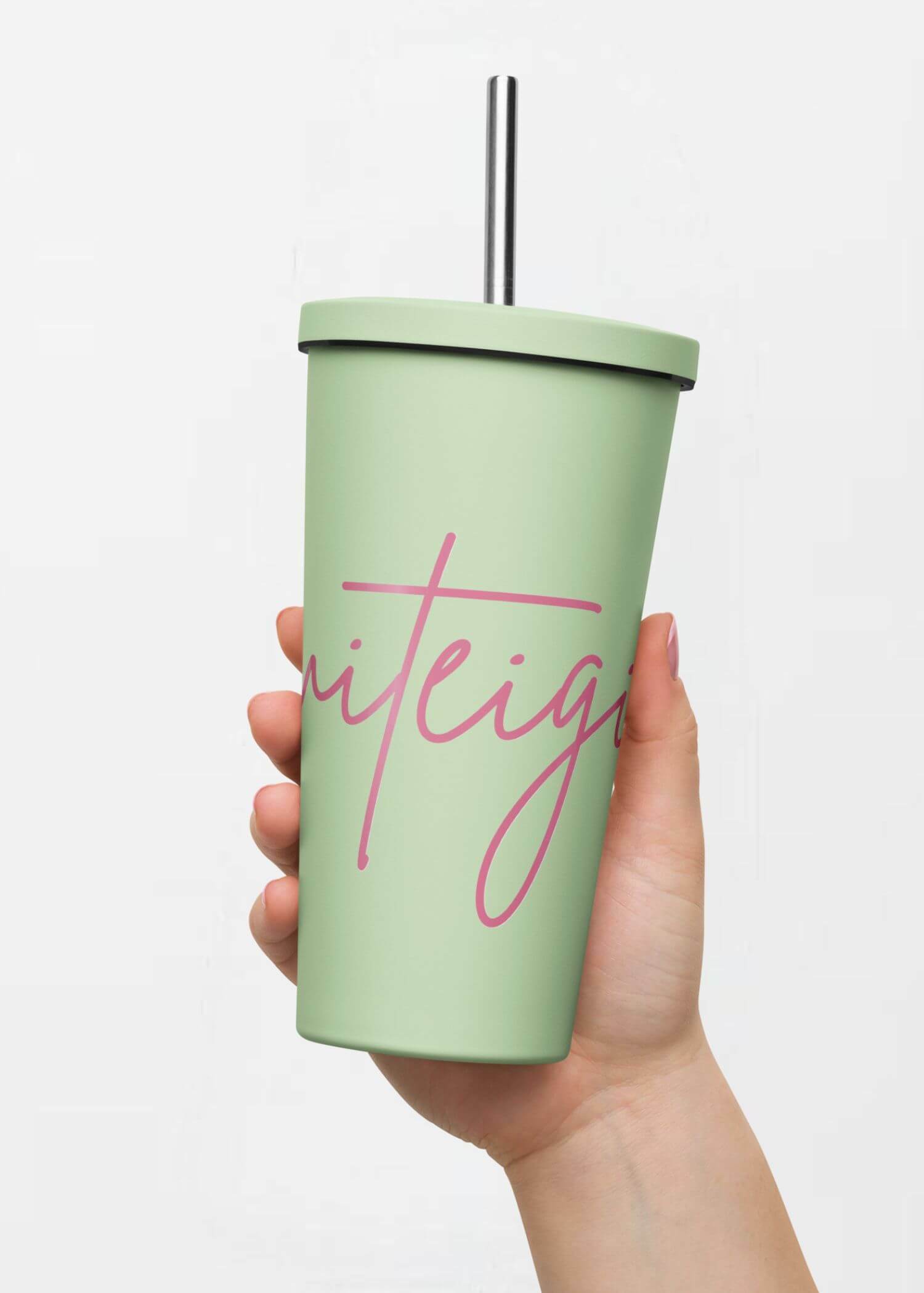 Insulated Tumbler with Straw miteigi Script Logo green   miteigi-logo design stainless steel wine, milk water drinks tumblers with lid and straw Outdoor sports fitness drinkware with pink pattern