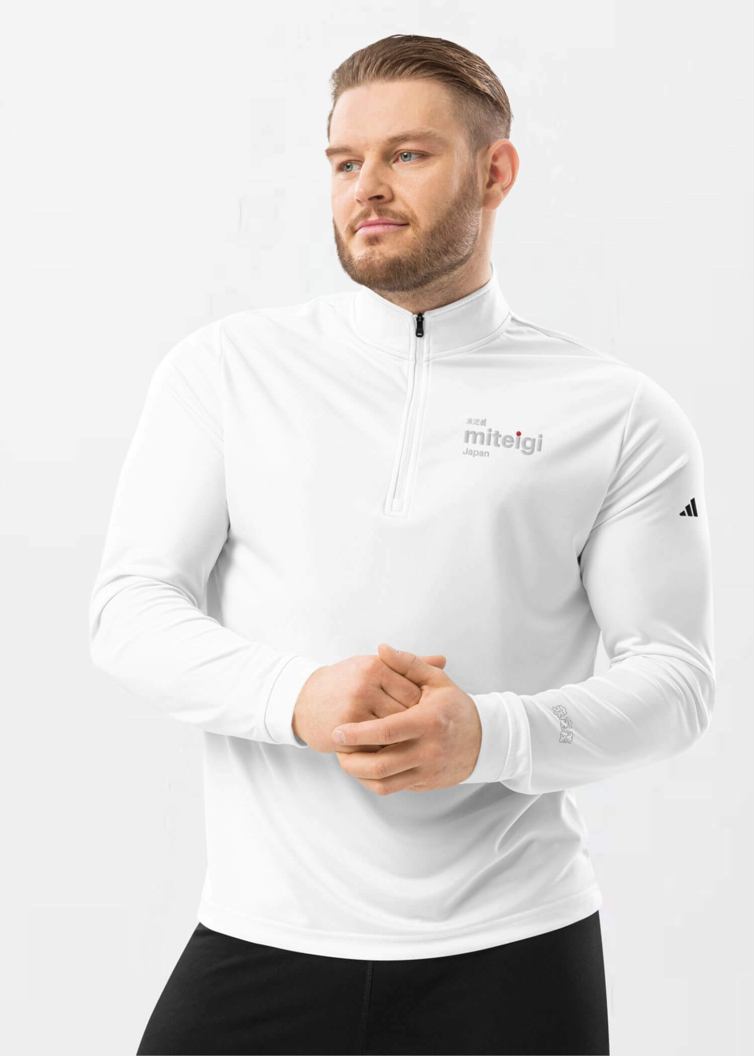 Quarter Zip Sweatshirt Adidas X miteigi Logo      Men’s tall plus size quarter zip long sleeves banded miteigiyūki sports fitness gym sweatshirts for man in white Mens sportswear