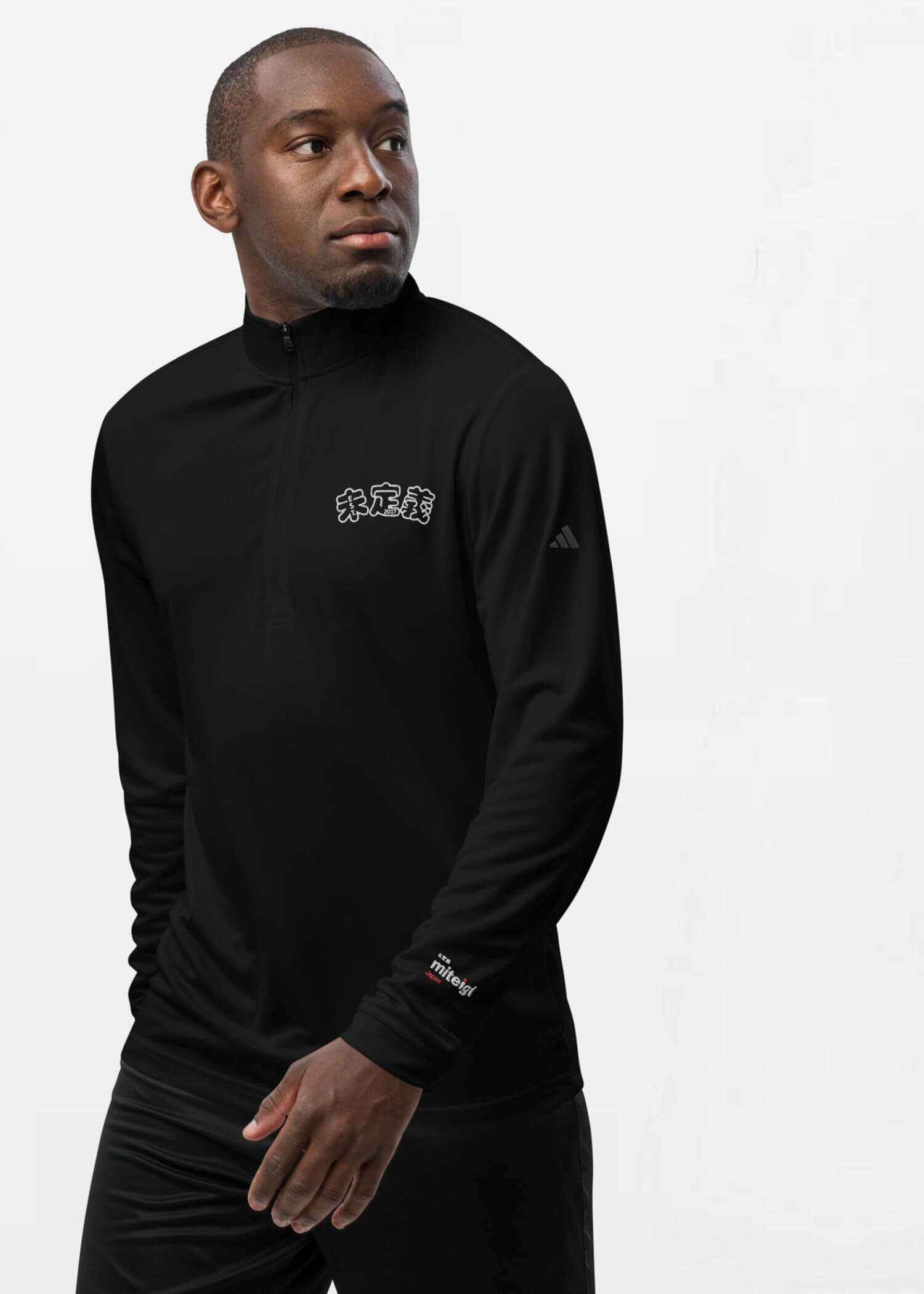 Quarter Zip Sweatshirt Adidas X miteigi Arch Logo black       Men’s tall plus size quarter zip long sleeves banded miteigiyūki sports fitness gym sweatshirts for man in white Mens sportswear