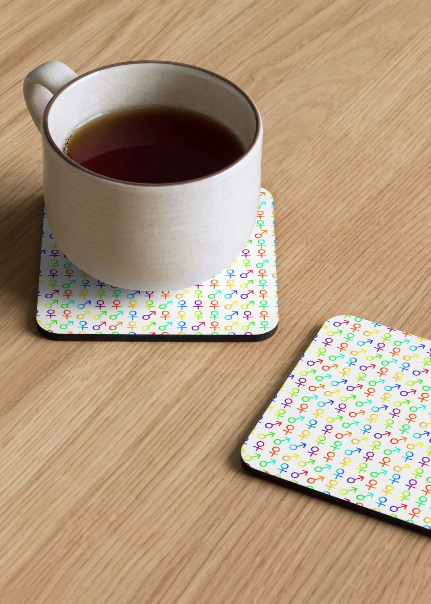 Cork-Back Unisex Coaster   Traditional Japanese unisex sex gender symbol pattern designed by miteigi drinks coasters in white with multicolor symbols pattern