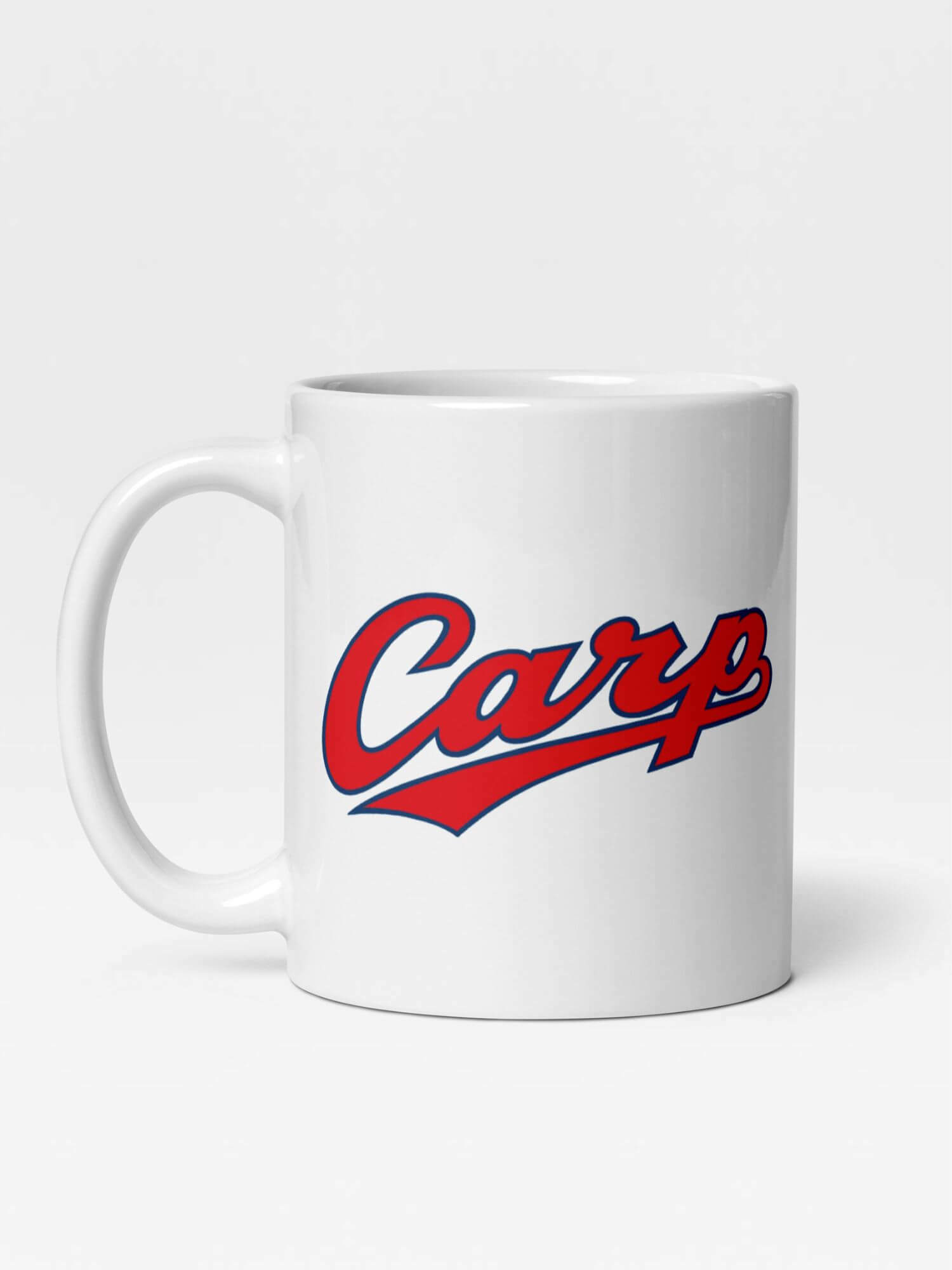 Glossy Hiroshima Toyo Carp Logo Mug                    Cartoon Japan sports character drinks cup coffee, tea, juice, milk drinking cups miteigi branded product item tumblers ceramics in white with red blue multicolor pattern Baseball sport gear Japanese Kure Ceramic Anime Fans Gifts mugs