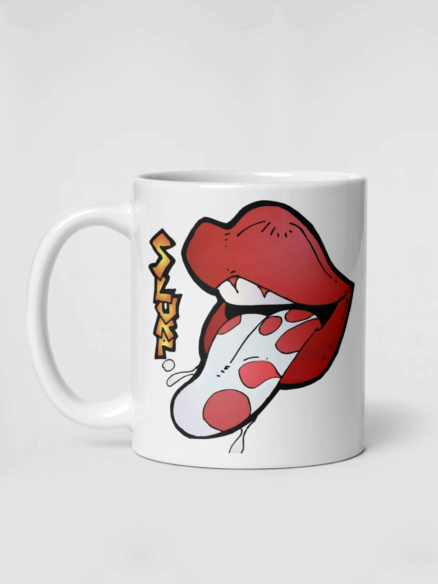 Glossy Slurp Mug             Cartoon smile teeth slurping drinks cup coffee, tea, juice, milk drinking cups miteigi branded product item tumblers ceramics in white with red yellow multicolor pattern Ceramic Anime Gifts Lips tongue sticking out, licking tongues smiling festive mugs