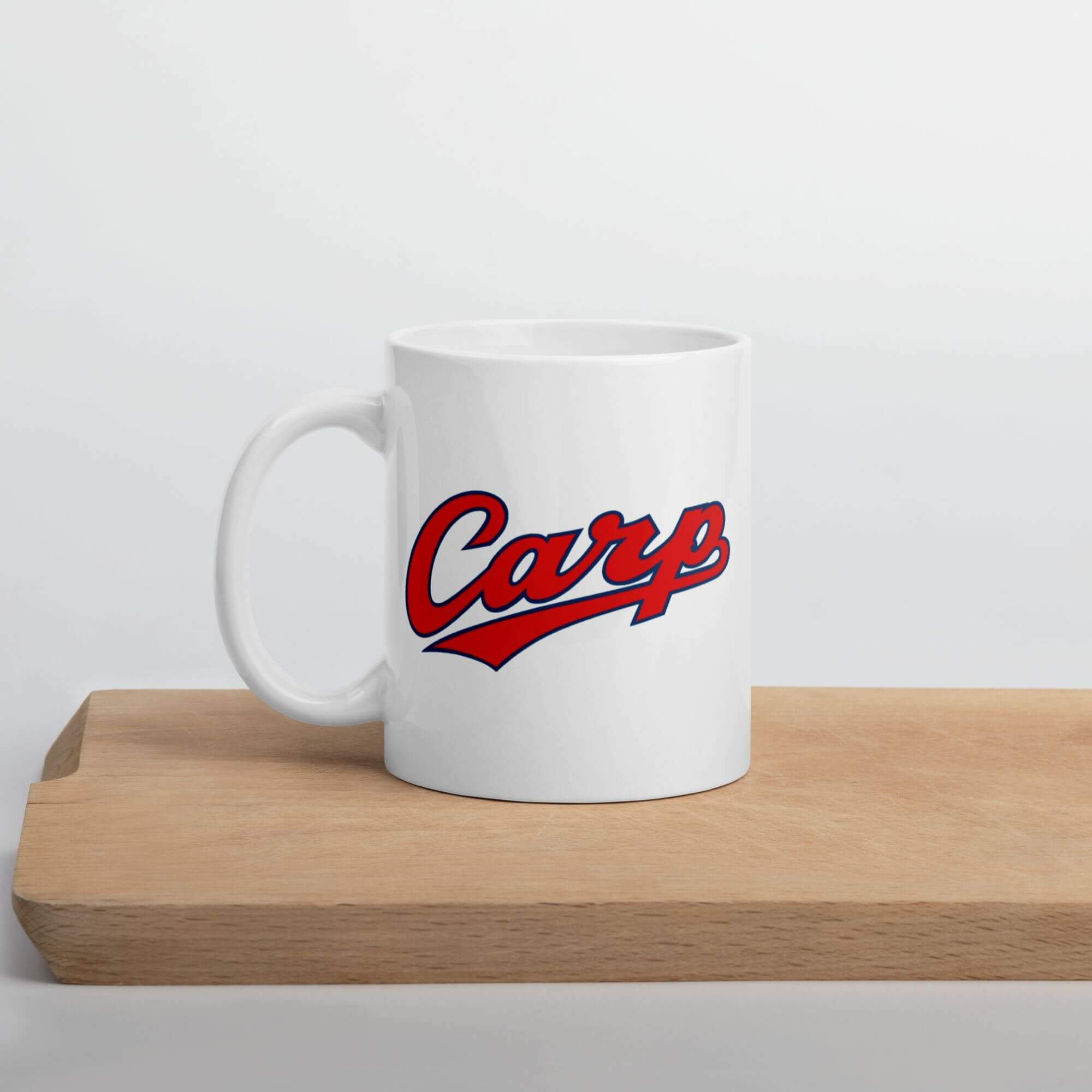 Glossy Hiroshima Toyo Carp Logo Mug                    Cartoon Japan sports character drinks cup coffee, tea, juice, milk drinking cups miteigi branded product item tumblers ceramics in white with red blue multicolor pattern Baseball sport gear Japanese Kure Ceramic Anime Fans Gifts mugs