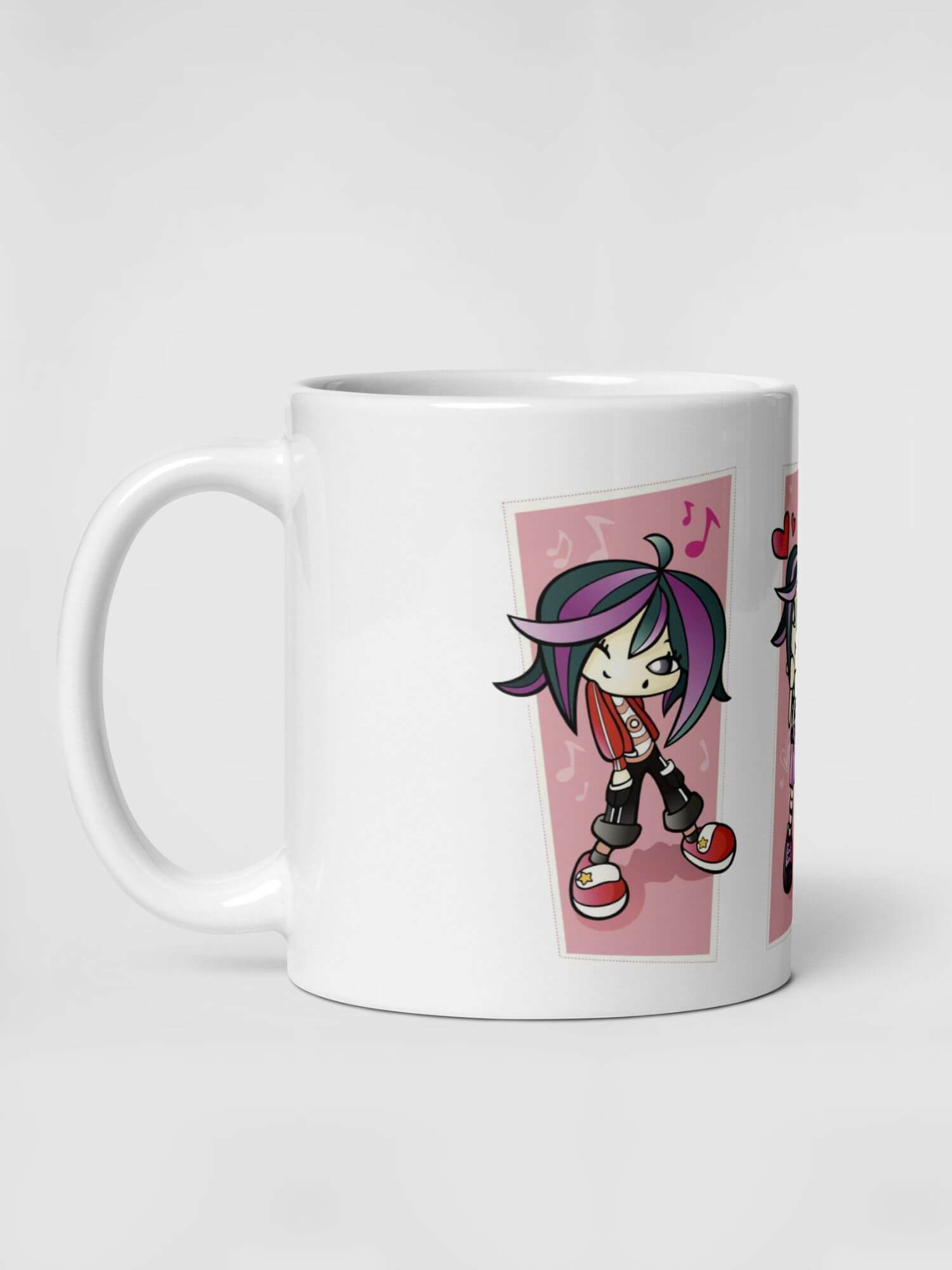 Glossy Teenage Girl Mug                   Cartoon fashion girls character drinks cup coffee, tea, juice, milk drinking cups miteigi branded product item tumblers ceramics in white with pink multicolor pattern Ceramic Anime Gifts punk grunge y2k teenagers wishes mugs