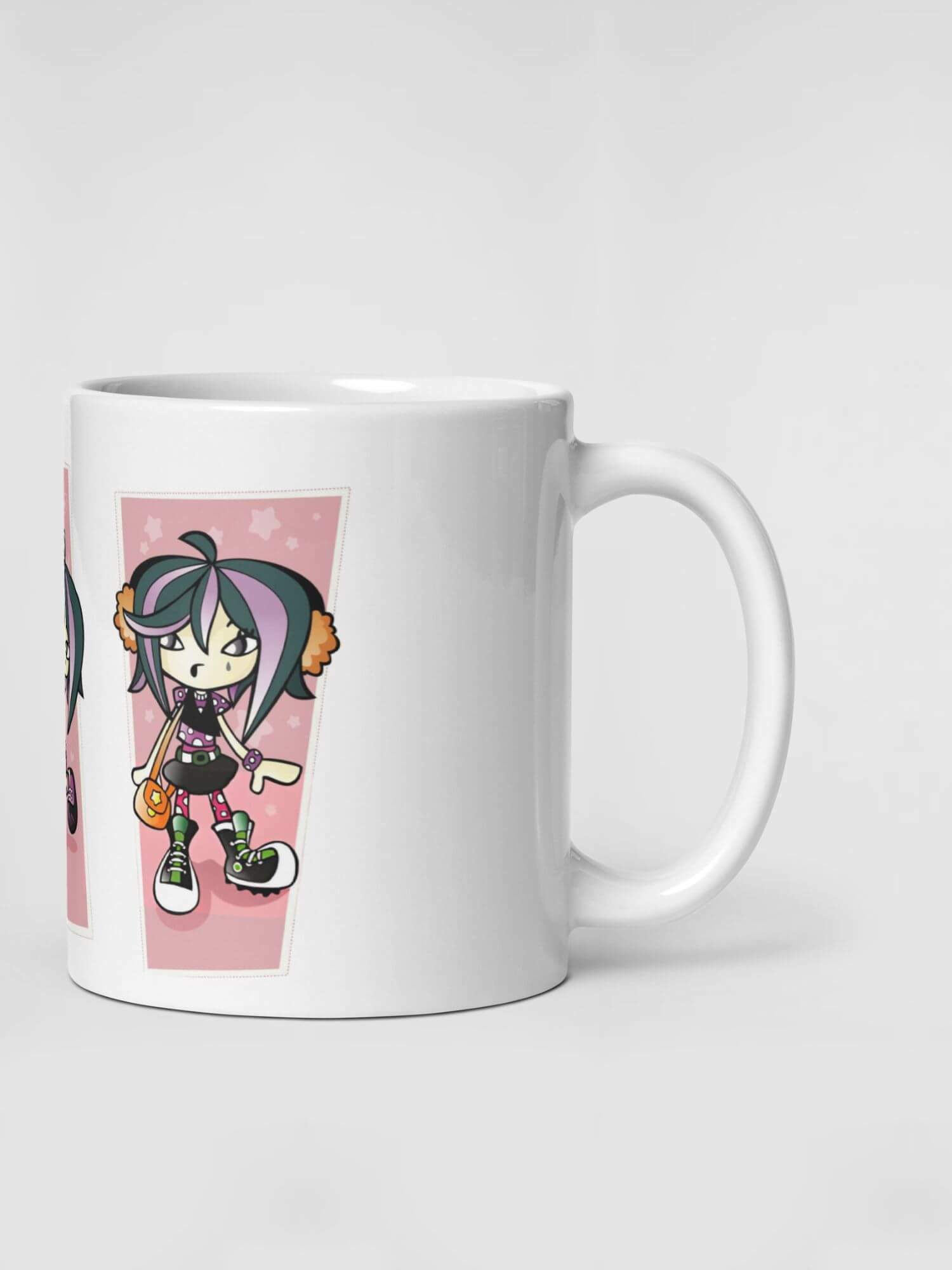 Glossy Teenage Girl Mug                   Cartoon fashion girls character drinks cup coffee, tea, juice, milk drinking cups miteigi branded product item tumblers ceramics in white with pink multicolor pattern Ceramic Anime Gifts punk grunge y2k teenagers wishes mugs