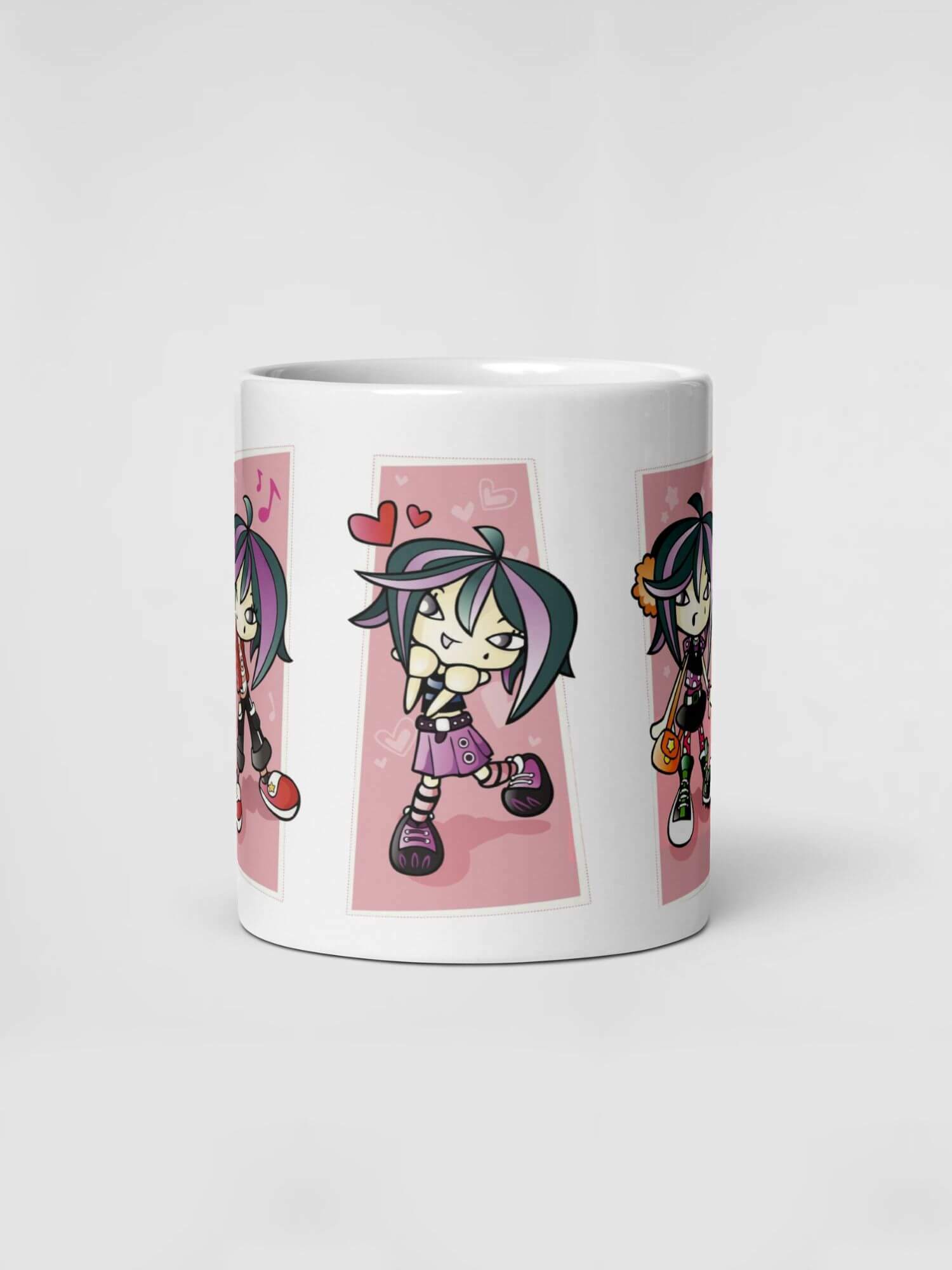 Glossy Teenage Girl Mug                   Cartoon fashion girls character drinks cup coffee, tea, juice, milk drinking cups miteigi branded product item tumblers ceramics in white with pink multicolor pattern Ceramic Anime Gifts punk grunge y2k teenagers wishes style=