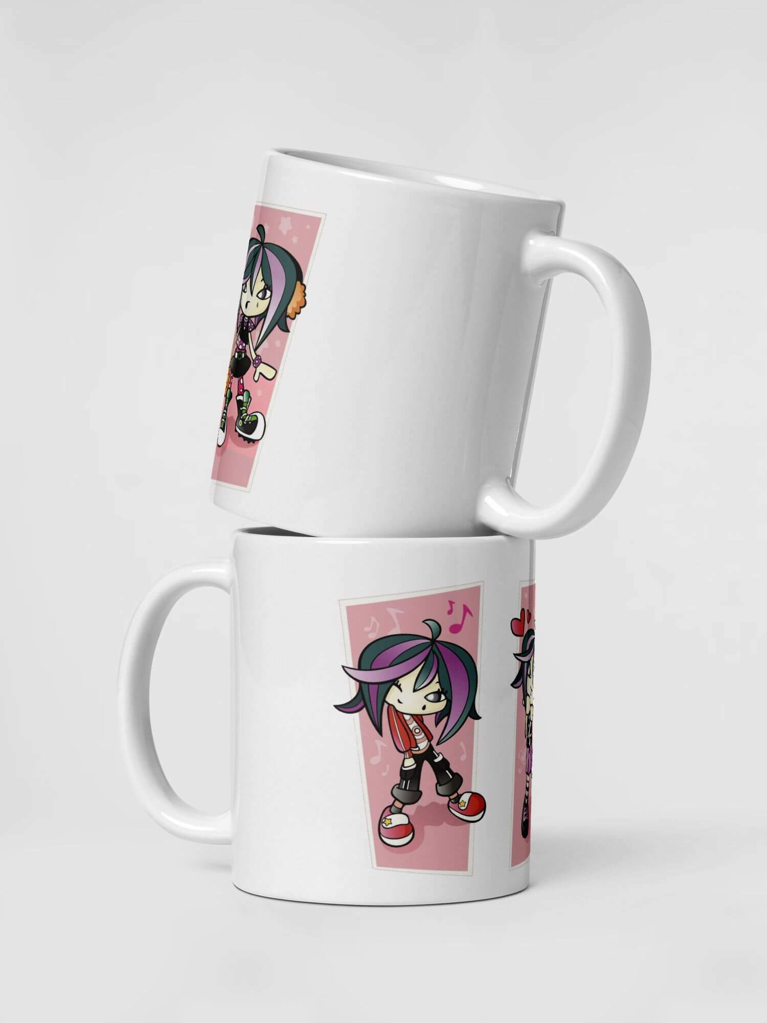 Glossy Teenage Girl Mug                   Cartoon fashion girls character drinks cup coffee, tea, juice, milk drinking cups miteigi branded product item tumblers ceramics in white with pink multicolor pattern Ceramic Anime Gifts punk grunge y2k teenagers wishes mugs