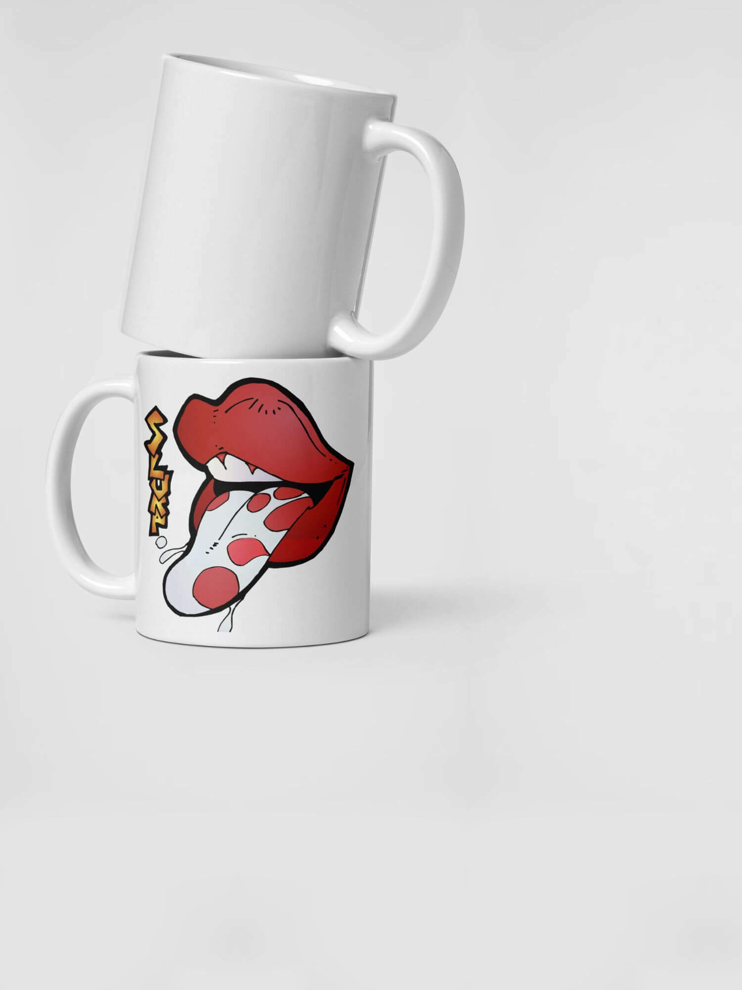 Glossy Slurp Mug             Cartoon smile teeth slurping drinks cup coffee, tea, juice, milk drinking cups miteigi branded product item tumblers ceramics in white with red yellow multicolor pattern Ceramic Anime Gifts Lips tongue sticking out, licking tongues smiling festive mugs