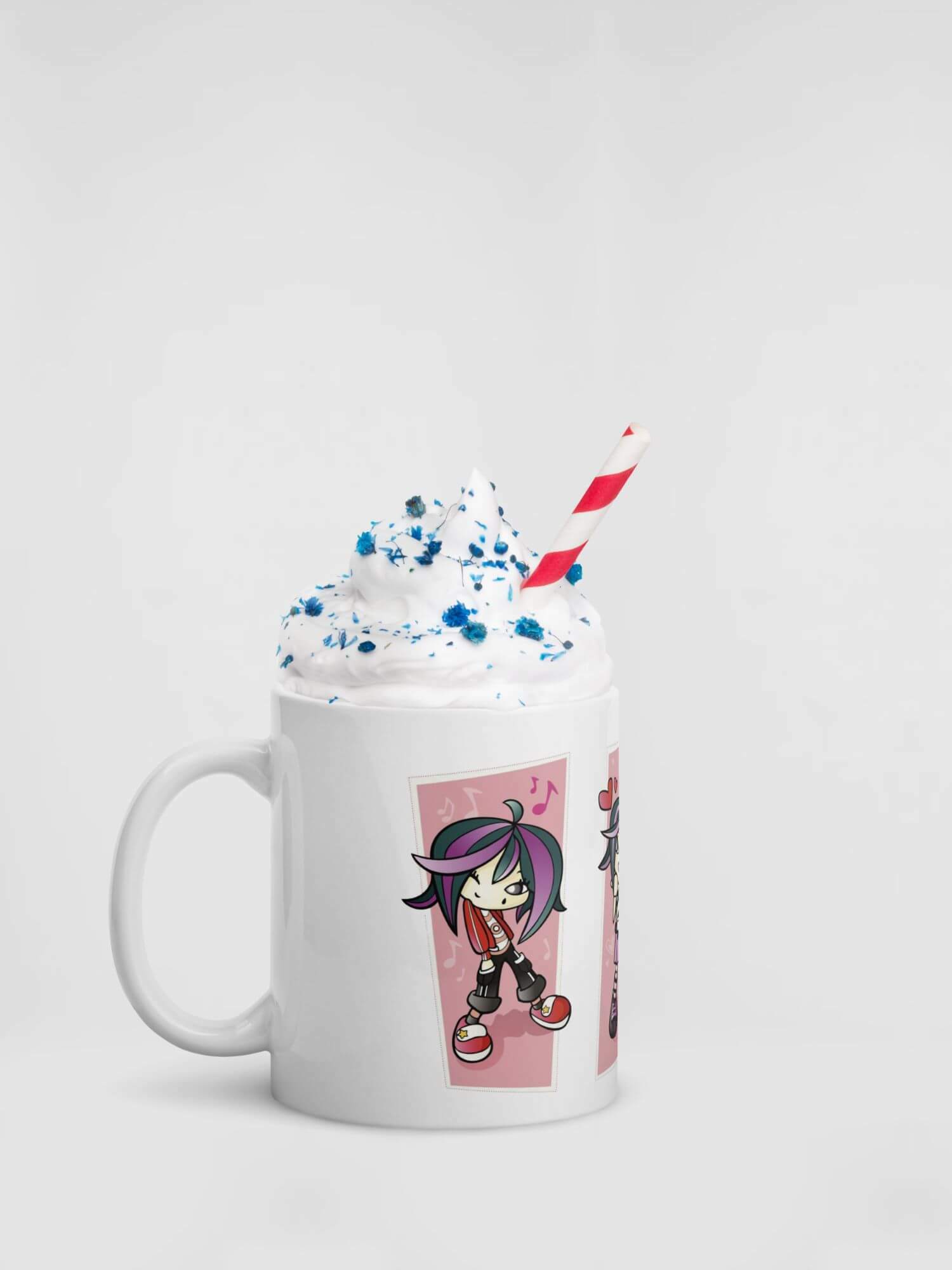 Glossy Teenage Girl Mug                   Cartoon fashion girls character drinks cup coffee, tea, juice, milk drinking cups miteigi branded product item tumblers ceramics in white with pink multicolor pattern Ceramic Anime Gifts punk grunge y2k teenagers wishes mugs