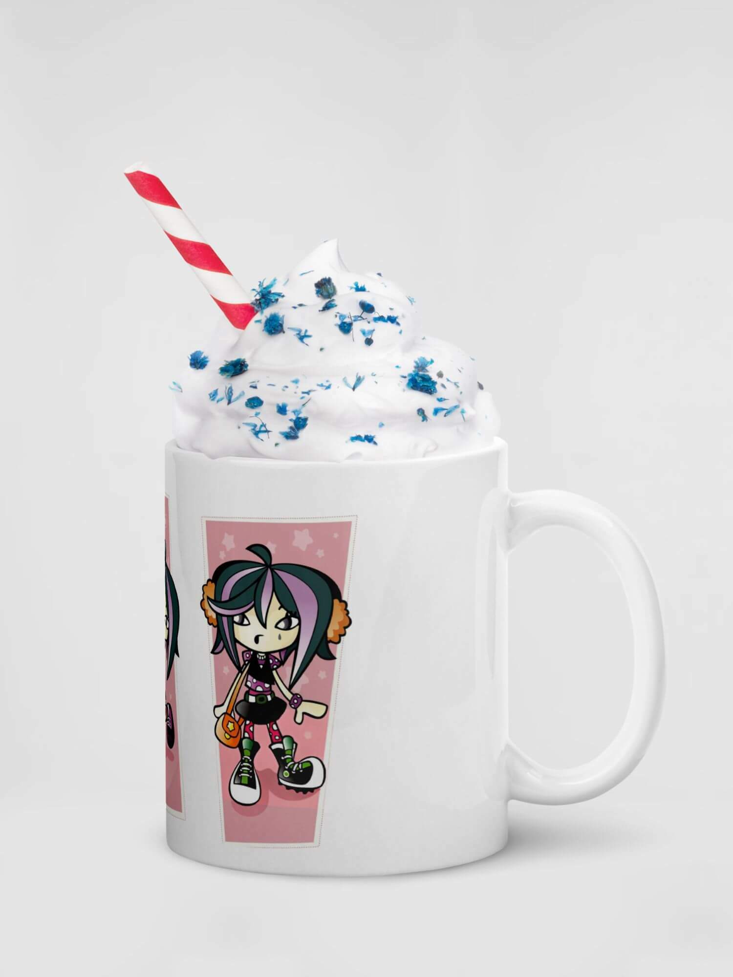 Glossy Teenage Girl Mug                   Cartoon fashion girls character drinks cup coffee, tea, juice, milk drinking cups miteigi branded product item tumblers ceramics in white with pink multicolor pattern Ceramic Anime Gifts punk grunge y2k teenagers wishes mugs