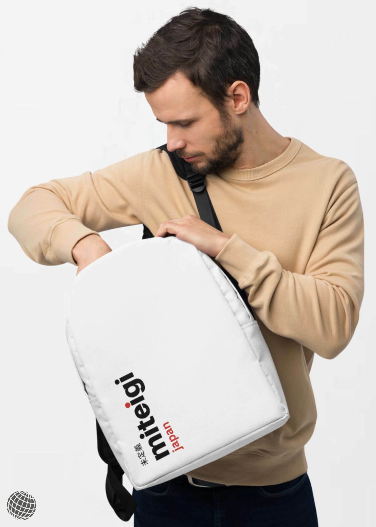 Minimalist Backpack miteigi Logo  miteigi Logo Branded product item travel luggage backpacks bags in white