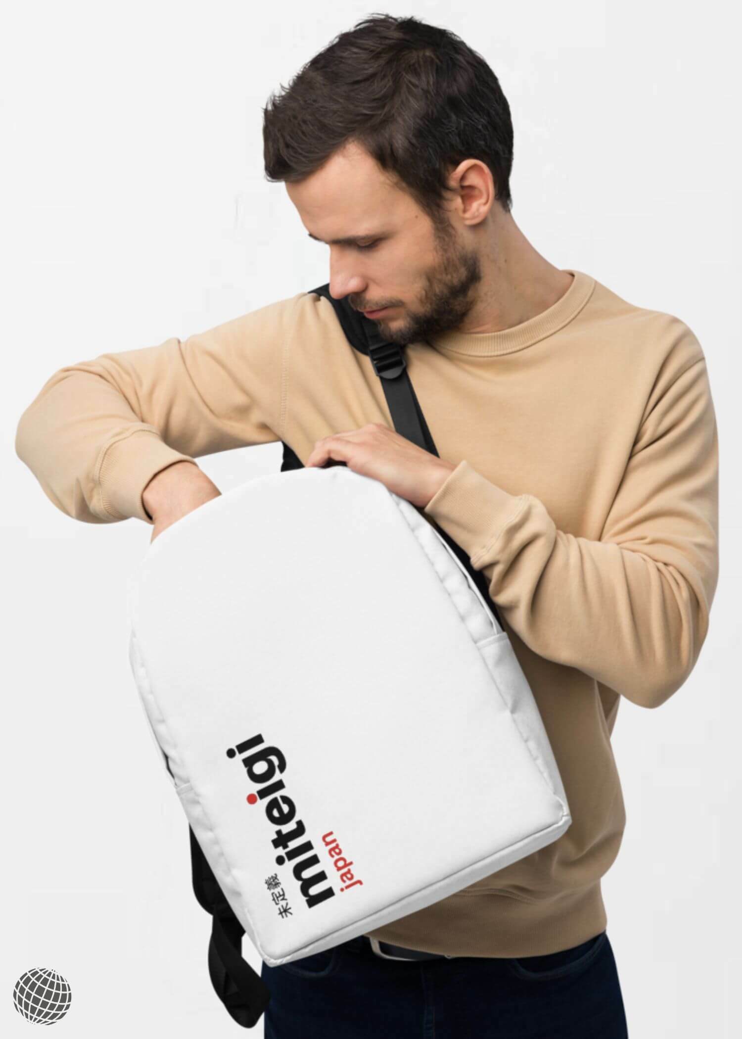 Minimalist Backpack miteigi Logo  miteigi Logo Branded product item travel luggage backpacks bags in white