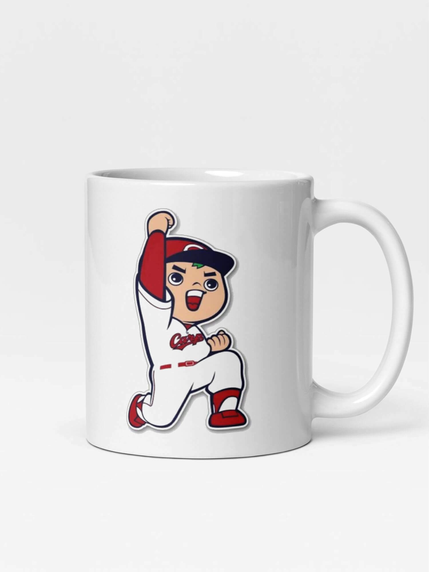 Glossy Hiroshima Toyo Carp Mug Yeah!                   Cartoon Japan sports character drinks cup coffee, tea, juice, milk drinking cups miteigi branded product item tumblers ceramics in white with red blue multicolor pattern Baseball sport gear Japanese Kure Ceramic Anime Fans Gifts mugs