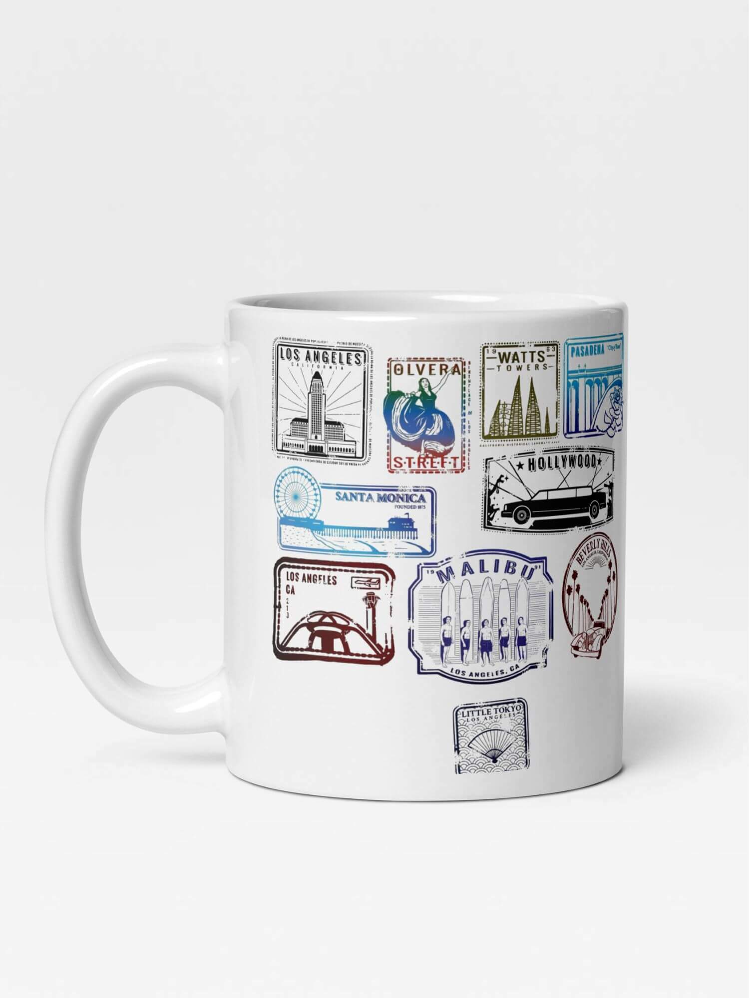 Glossy Los Angeles CA Mug    Cartoon USA state place mark stamps drinks cup coffee, tea, juice, milk drinking cups miteigi branded product item tumblers ceramics in white with black ink stamp multicolor pattern famous nostalgic American map areas Ceramic Anime Fans Gifts travel maps mugs, El Pueblo Du Nuestra Sēñora La Reina De Los Angeles De Pocuiumcula , California 213, Santa Monica, Olvera Street, Malibu, Berverley Hills, Hollywood, Little Tokyo, LAX, LA, Watts Towers, Pasedena City of Roses Historical United States Of America