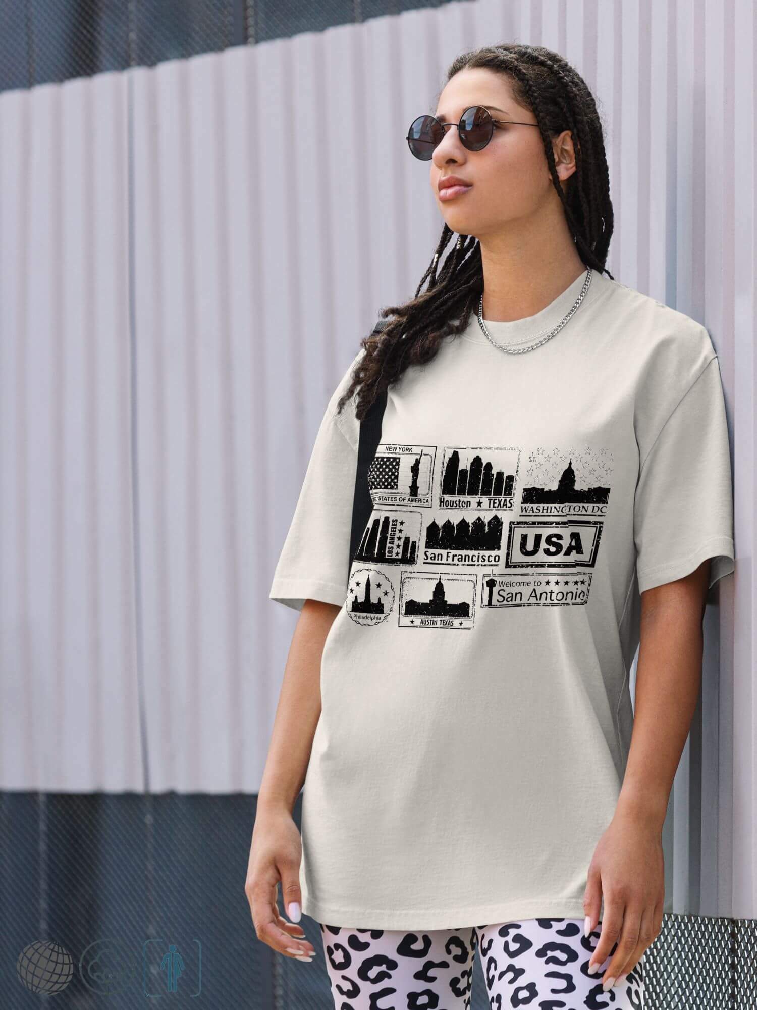 Oversized Faded Graphic T-Shirt Unisex Anywear Men’s Women’s Cartoon city stamp print short sleeves crewneck round o-neck crew neck tees T-Shirts for man woman in khaki beige with black pattern Mens Womens USA American cities New York, Houston, Texas, Los Angeles, California, Washington DC, Philadelphia, Austin, San Antonio, Texas, United States Of America Gifts petite tall plus size Genderful Tops