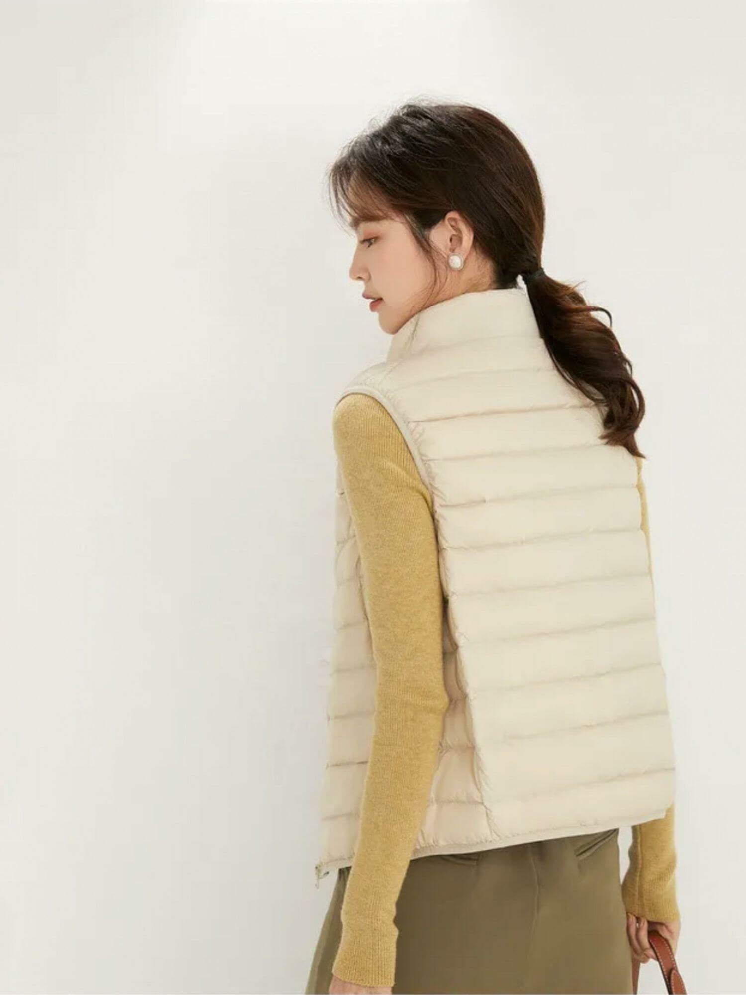 Duck Down Puff Vest   Women's vests light thin extra tall plus size female stand collar zipper zip-up closure sleeveless fall autumn winter home office mommy puffer outerwear for woman in beige white Womens Jackets