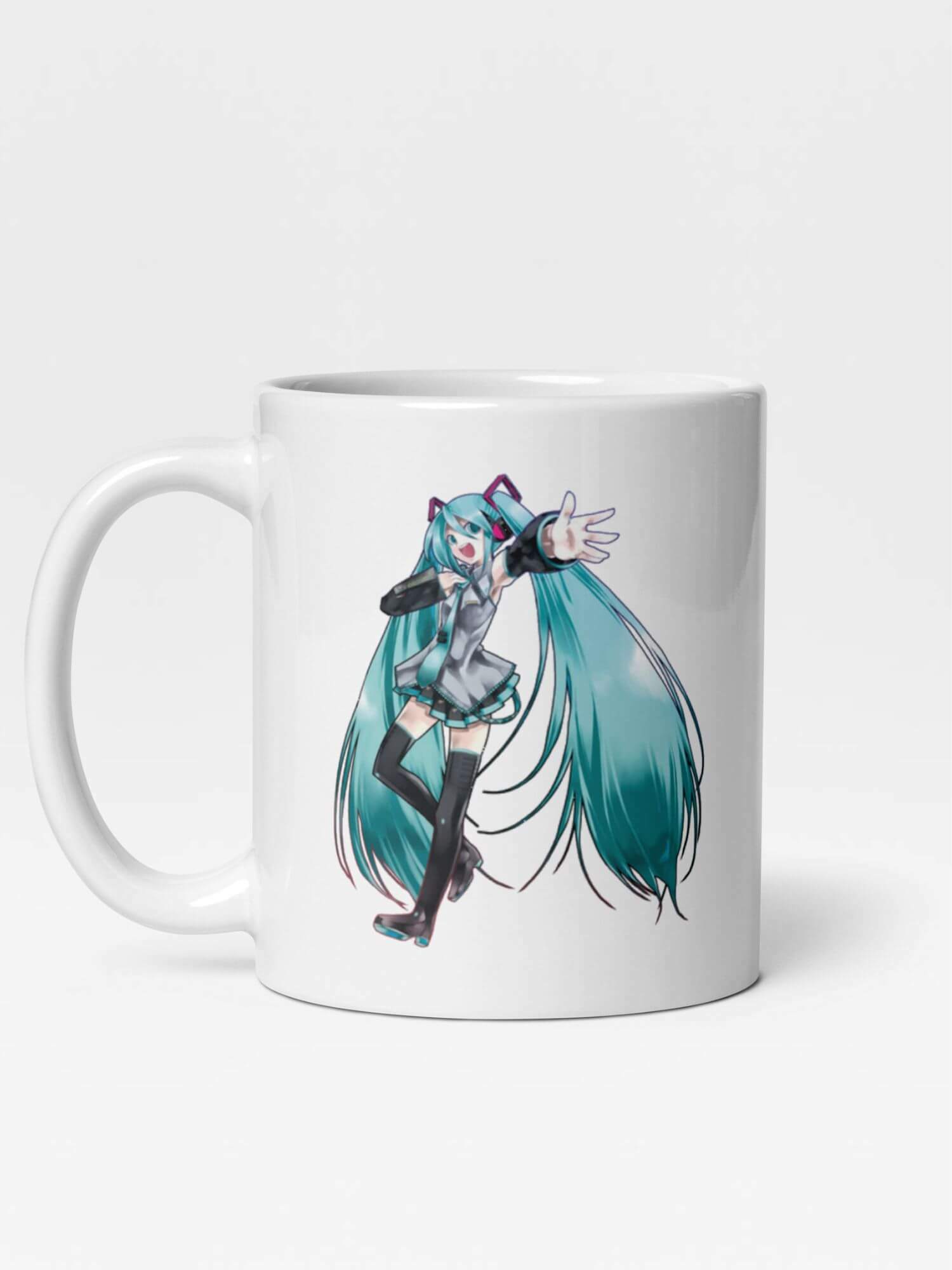 Glossy Hatsune Miku Mug         Cartoon female teens character drinks cup coffee, tea, juice, milk drinking cups miteigi branded product item tumblers ceramics in white with blue green multicolor pattern Ceramic Anime Gifts girls teenagers y2k generation Japanese mugs