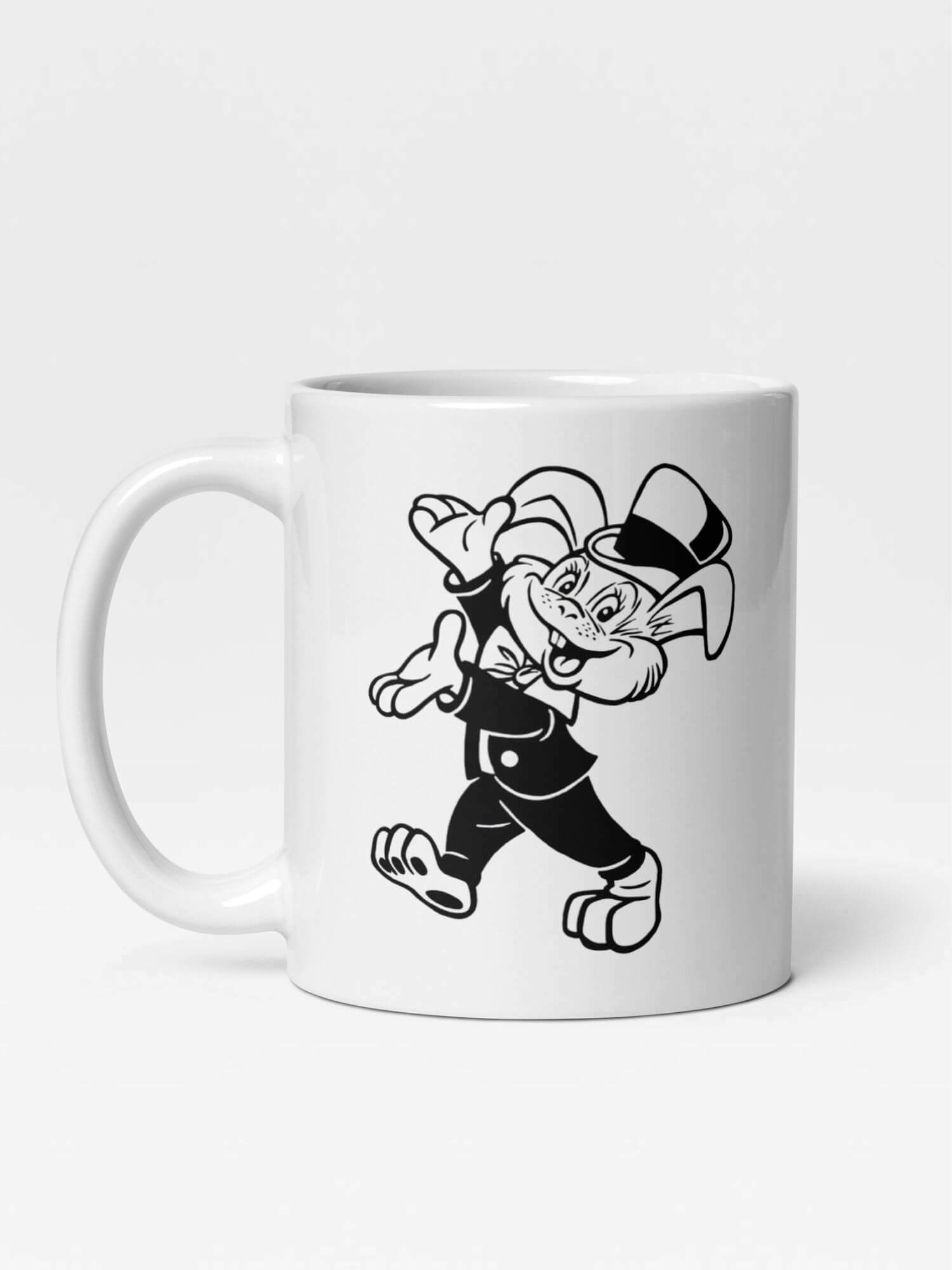 Glossy Rabbit in Top Hat Mug       Cartoon animal character drinks cup coffee, tea, juice, milk drinking cups miteigi branded product item tumblers ceramics in white with black pattern Ceramic Anime Gifts rabbits mugs