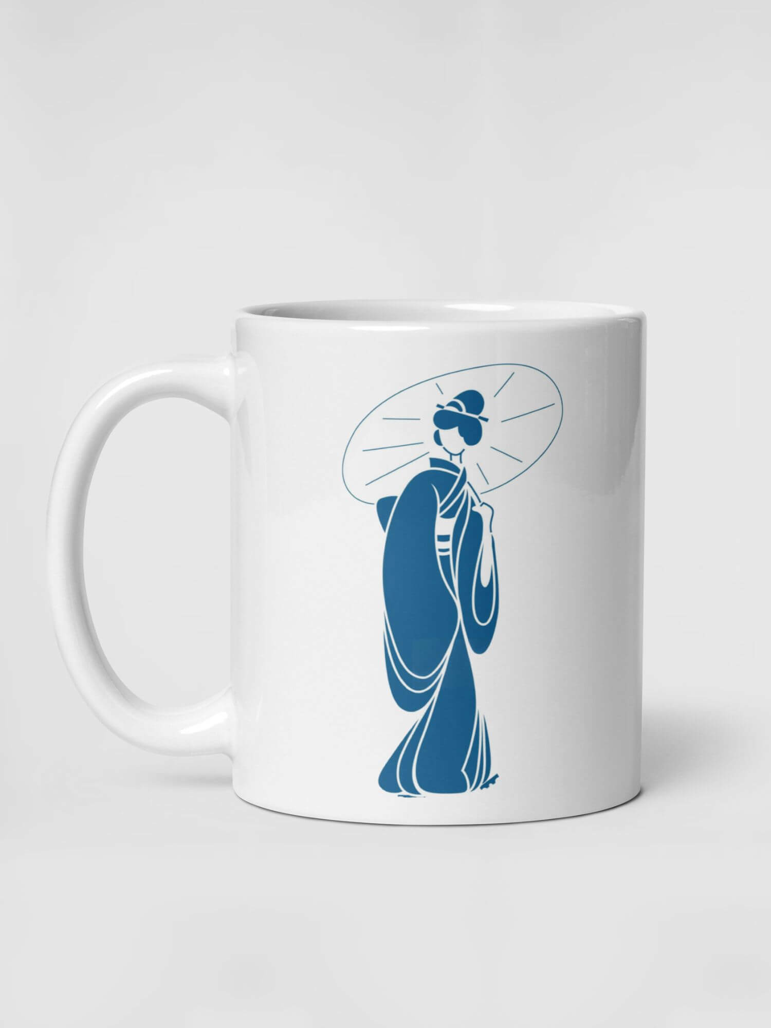 Glossy Kimono Girl with Umbrella Mug        Japan Cartoon traditional Geisha woman character drinks cup coffee, tea, juice, milk drinking cups miteigi branded product item tumblers ceramics in white with blue pattern Ceramic Anime Gifts girls kimonos umbrellas teenagers y2k generation Japanese souvenirs mugs