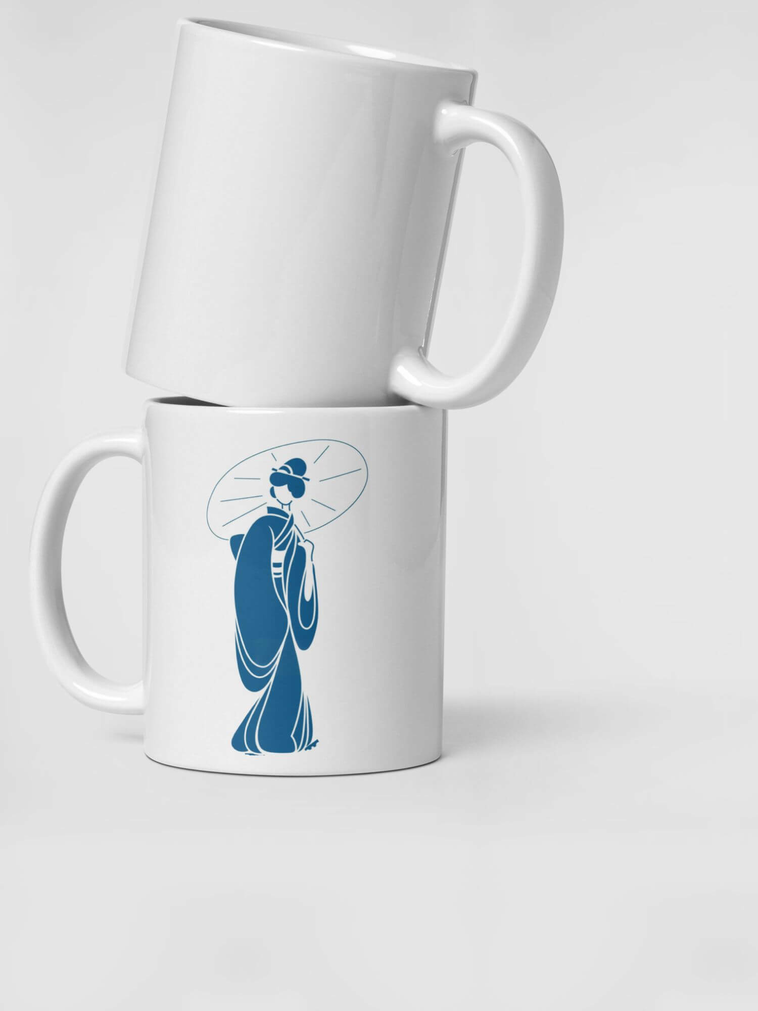 Glossy Kimono Girl with Umbrella Mug        Japan Cartoon traditional Geisha woman character drinks cup coffee, tea, juice, milk drinking cups miteigi branded product item tumblers ceramics in white with blue pattern Ceramic Anime Gifts girls kimonos umbrellas teenagers y2k generation Japanese souvenirs mugs