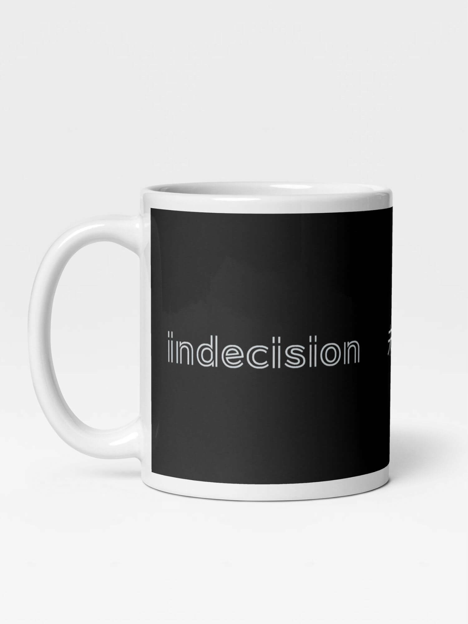 Glossy Indecision miteigi Logo Mug    Japanese Undefined design drinks cup coffee, tea, juice, milk drinking cups miteigi-Logo branded product item tumblers ceramics cartoon pattern in black white with platinum red letter print collections Japan nippon JPN Nihon couples indecisions souvenirs collectors mugs