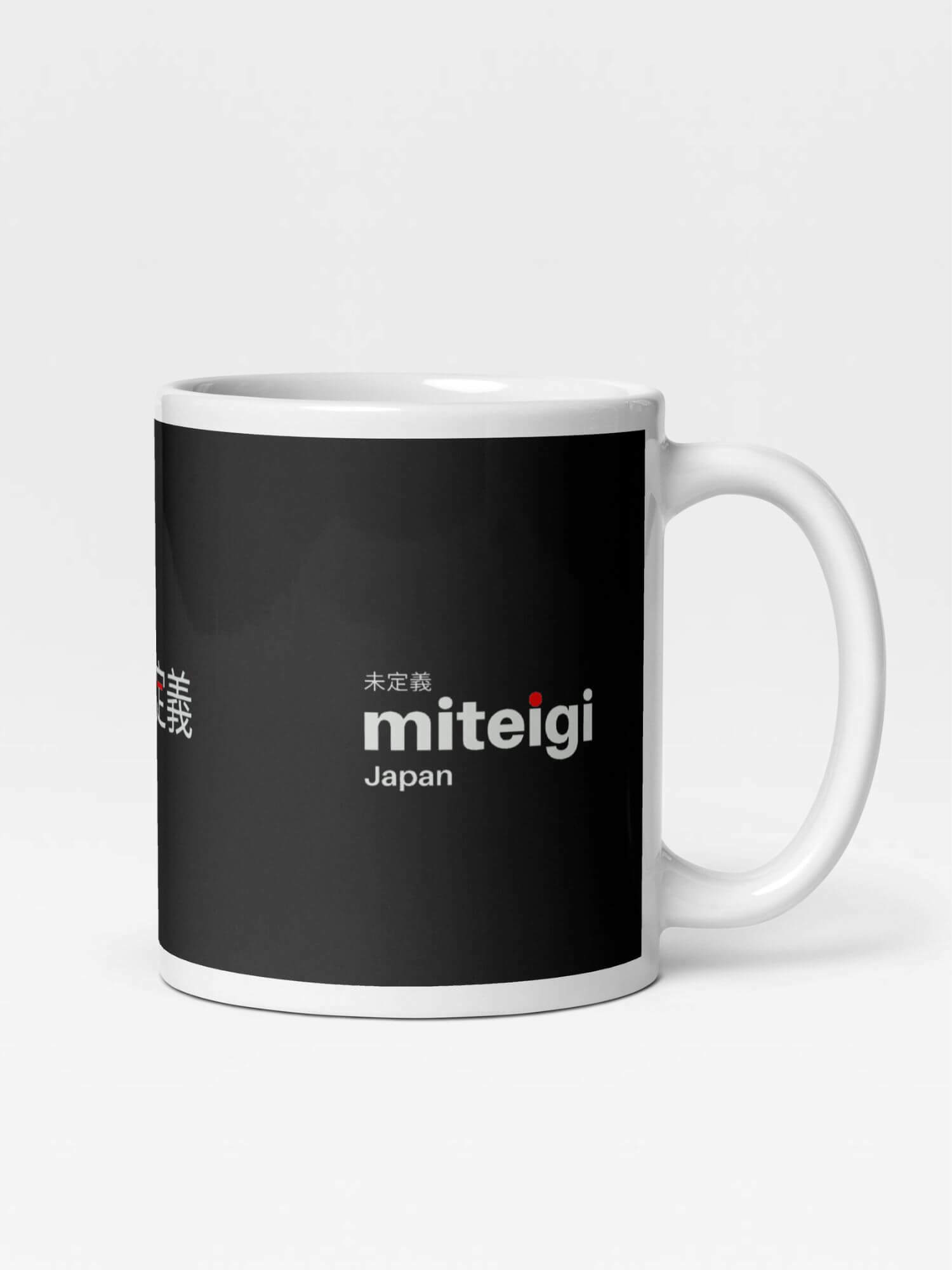 Glossy Indecision miteigi Logo Mug    Japanese Undefined design drinks cup coffee, tea, juice, milk drinking cups miteigi-Logo branded product item tumblers ceramics cartoon pattern in black white with platinum red letter print collections Japan nippon JPN Nihon couples indecisions souvenirs collectors mugs