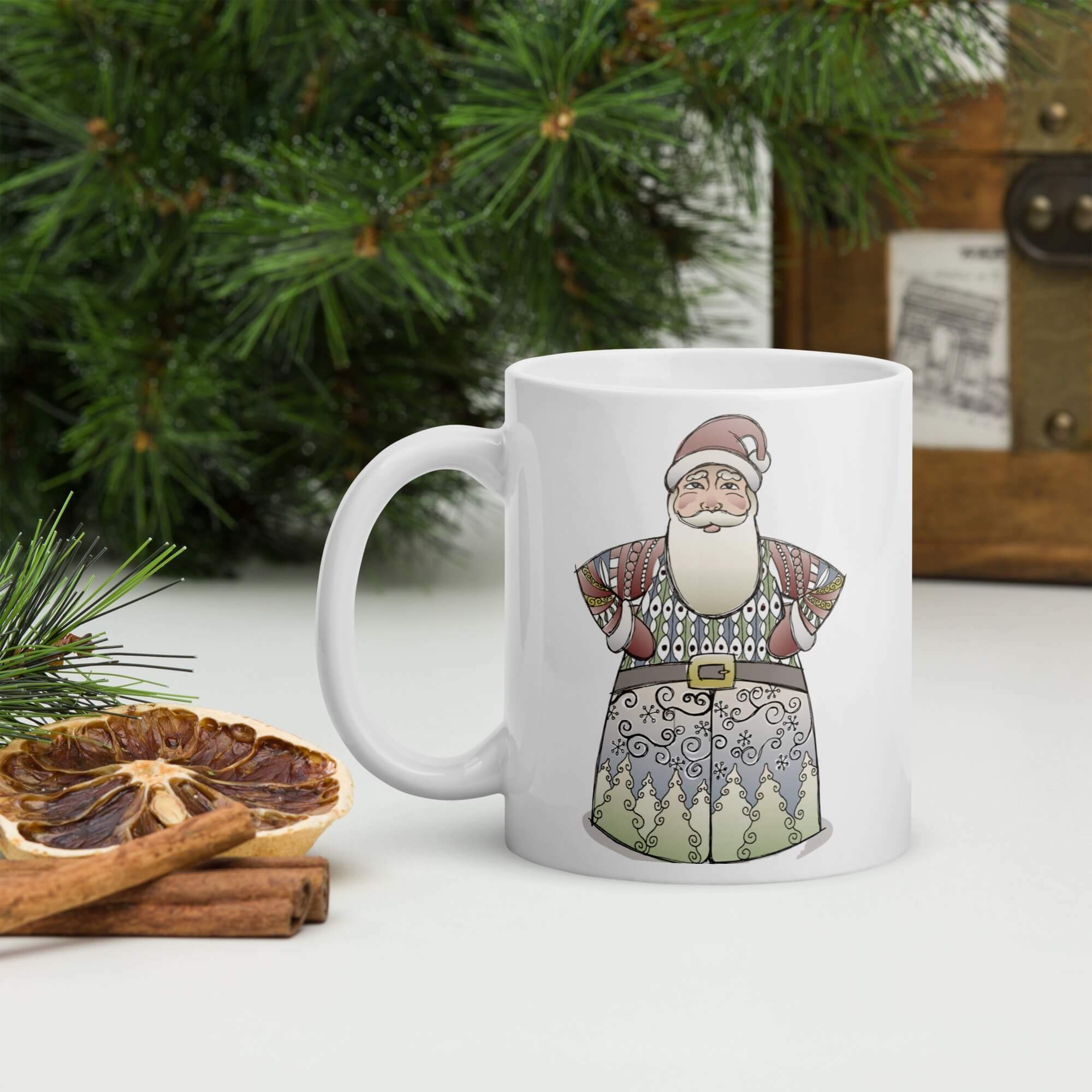 Glossy Father Christmas Mug           Cartoon Santa Claus drinks cup coffee, tea, juice, milk drinking cups miteigi branded product item tumblers ceramics in white with multicolor pattern Ceramic Anime Gifts holiday season Scandinavian Swedish Norwegian Norway Denmark Danish German Germany festive mugs