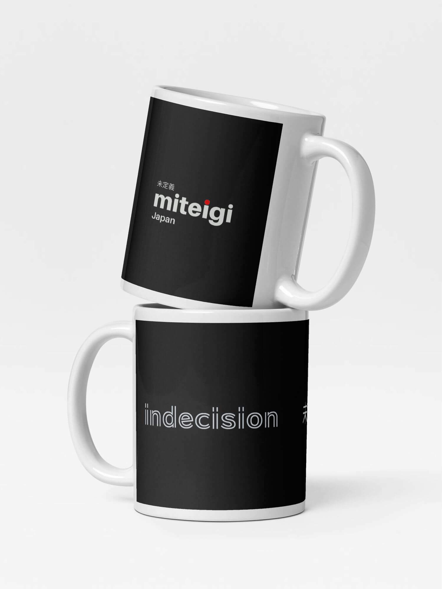 Glossy Indecision miteigi Logo Mug    Japanese Undefined design drinks cup coffee, tea, juice, milk drinking cups miteigi-Logo branded product item tumblers ceramics cartoon pattern in black white with platinum red letter print collections Japan nippon JPN Nihon couples indecisions souvenirs collectors mugs