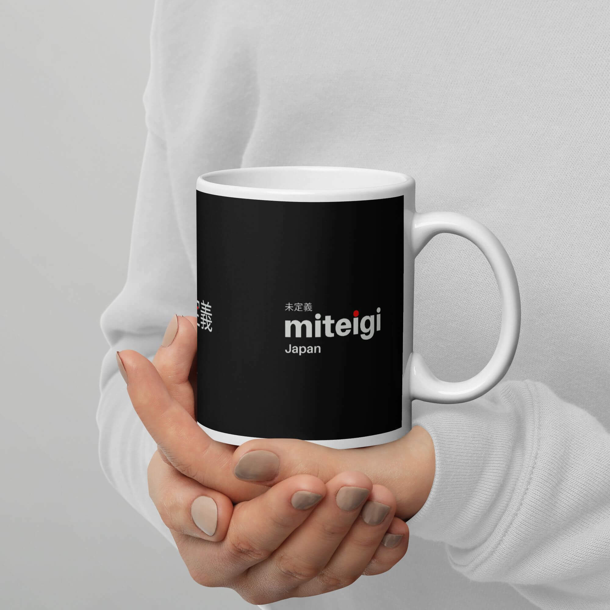 Glossy Indecision miteigi Logo Mug    Japanese Undefined design drinks cup coffee, tea, juice, milk drinking cups miteigi-Logo branded product item tumblers ceramics cartoon pattern in black white with platinum red letter print collections Japan nippon JPN Nihon couples indecisions souvenirs collectors mugs