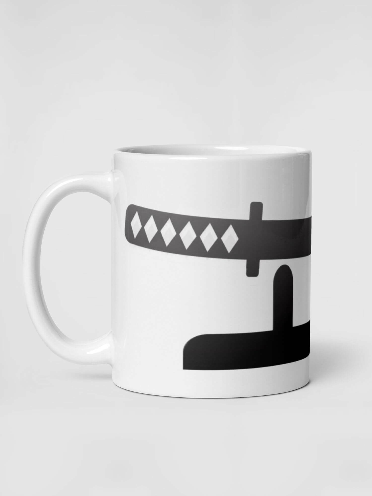 Glossy Samurai Sword Mug     Japan Cartoon woman character drinks cup coffee, tea, juice, milk drinking cups miteigi branded product item tumblers ceramics in white with black multicolor pattern Ceramic Anime Gifts girls teenagers y2k generation Japanese souvenirs mugs