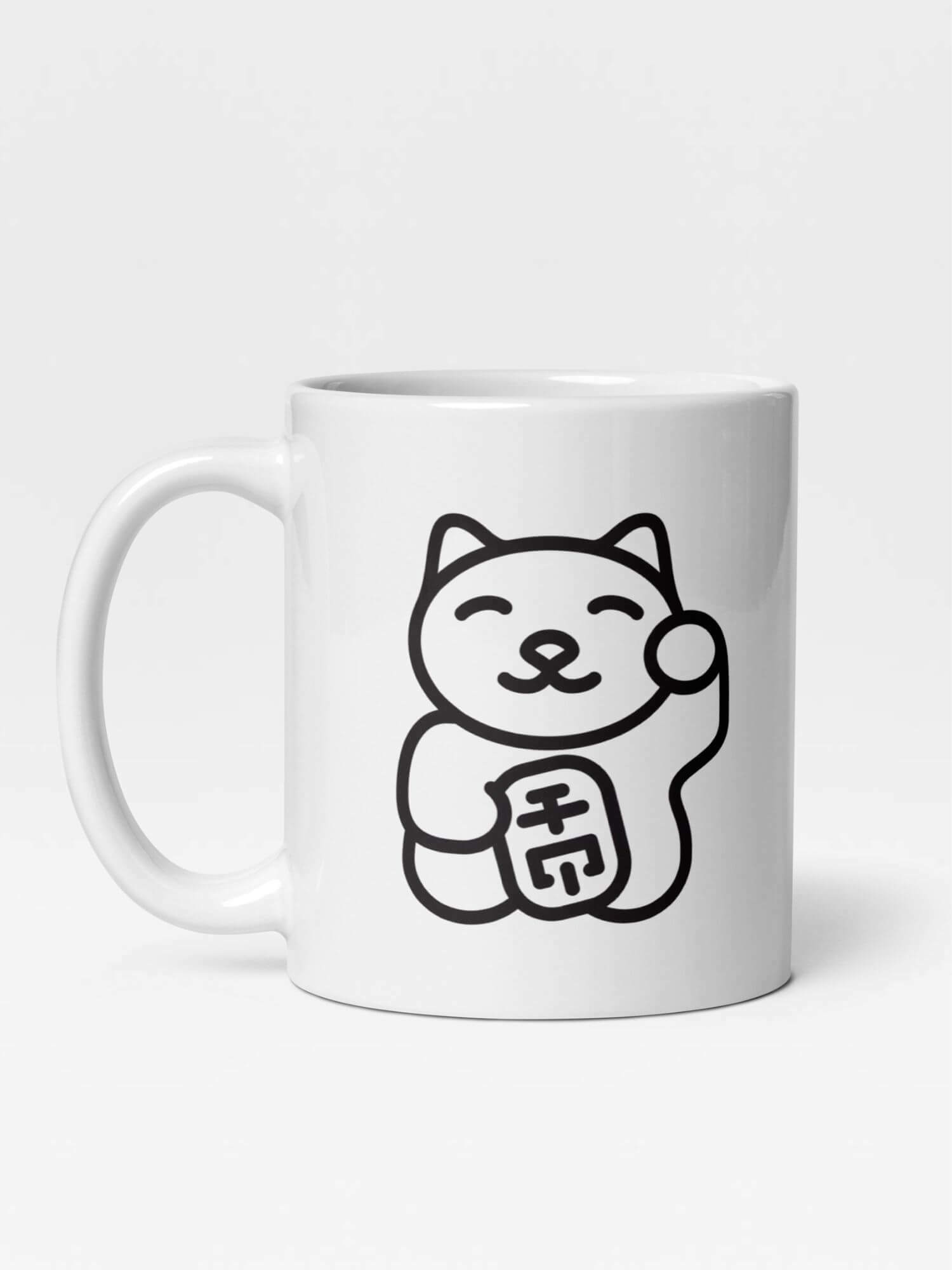 Glossy Maneki-Neko Cat Mug       Cartoon Japan traditional animal character drinks cup coffee, tea, juice, milk drinking cups miteigi branded product item tumblers ceramics in white with black pattern Ceramic Anime Gifts welcoming lucky cats calico Japanese Bobtail, with a paw raised in a beckoning gesture welcome mugs