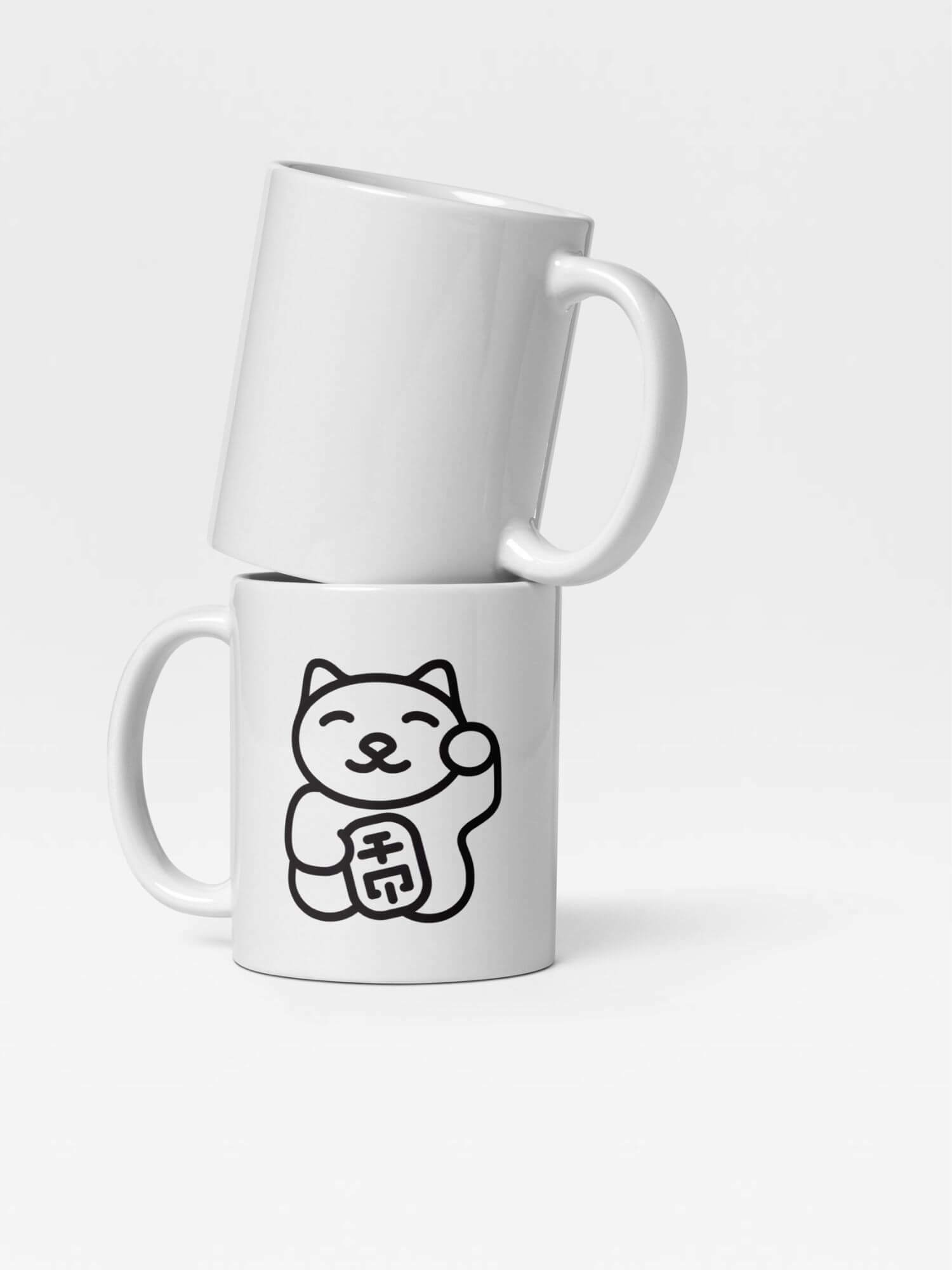 Glossy Maneki-Neko Cat Mug       Cartoon Japan traditional animal character drinks cup coffee, tea, juice, milk drinking cups miteigi branded product item tumblers ceramics in white with black pattern Ceramic Anime Gifts welcoming lucky cats calico Japanese Bobtail, with a paw raised in a beckoning gesture welcome mugs