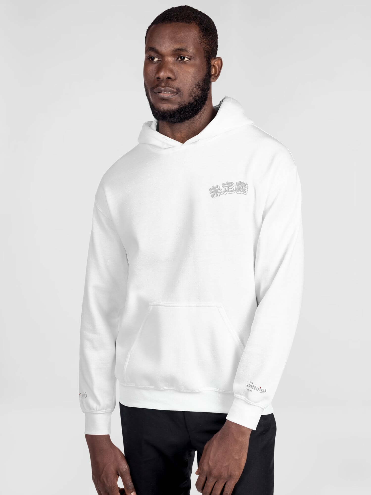 Gildan x miteigi Arch Logo Hoodie white   Unisex Anywear Men’s Women’s long sleeves hooded kanga pouch sweatshirts for tall plus size man woman  miteigi logo-branded in white with platinum red pattern MiteigiYūki fitness gym running sports mens womens sportswear