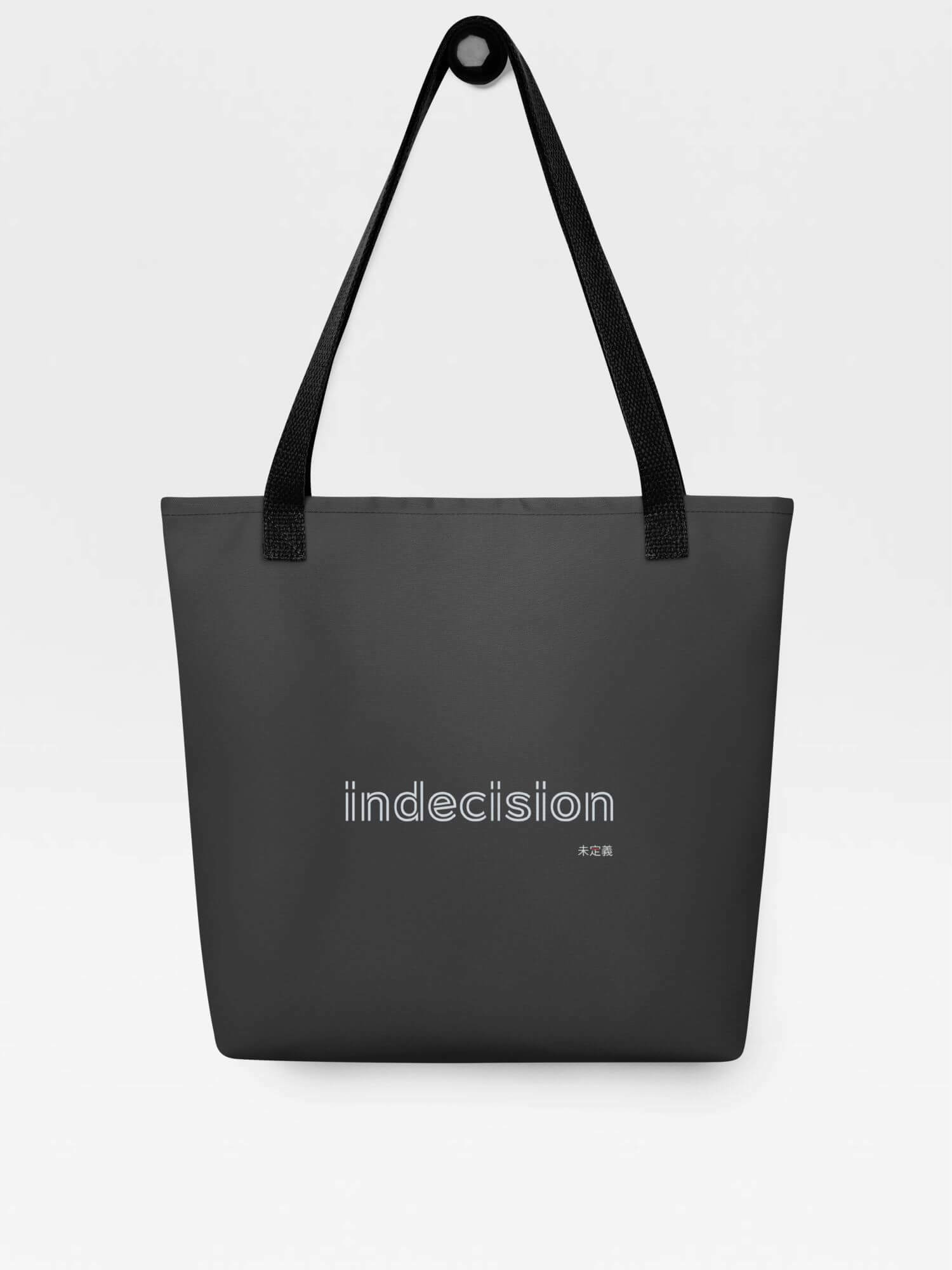 Indecision Tote Bag       miteigi Logo Branded product item Beach travel vacation holiday getaway everyday use Fitness Sports Activewear by miteigi products brand items luggage baggage black  with platinum red letter indecisions undefined bags