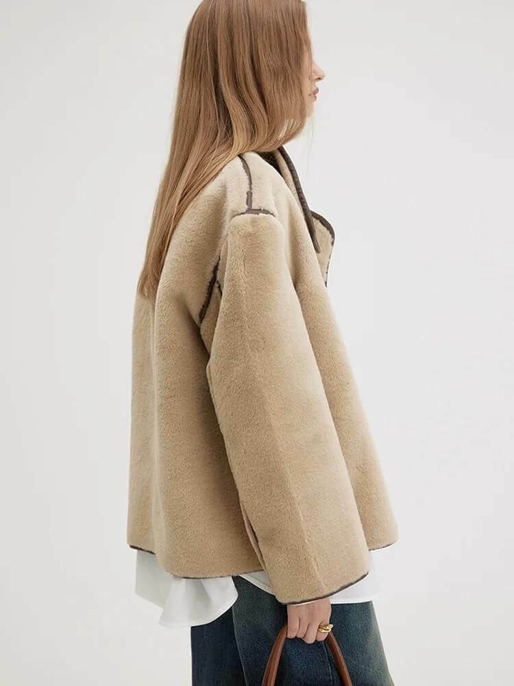 Vegan Toggle Jacket khaki    Women’s Faux Lamb Wool Suede Stand-up Collar single-breasted button-up Jackets Warm Loose Color Collision Pu Leather Splicing Warm Womens shearling workwear Coats Outerwear for woman in light brown Autumn Winter Spring Ladies Fashion