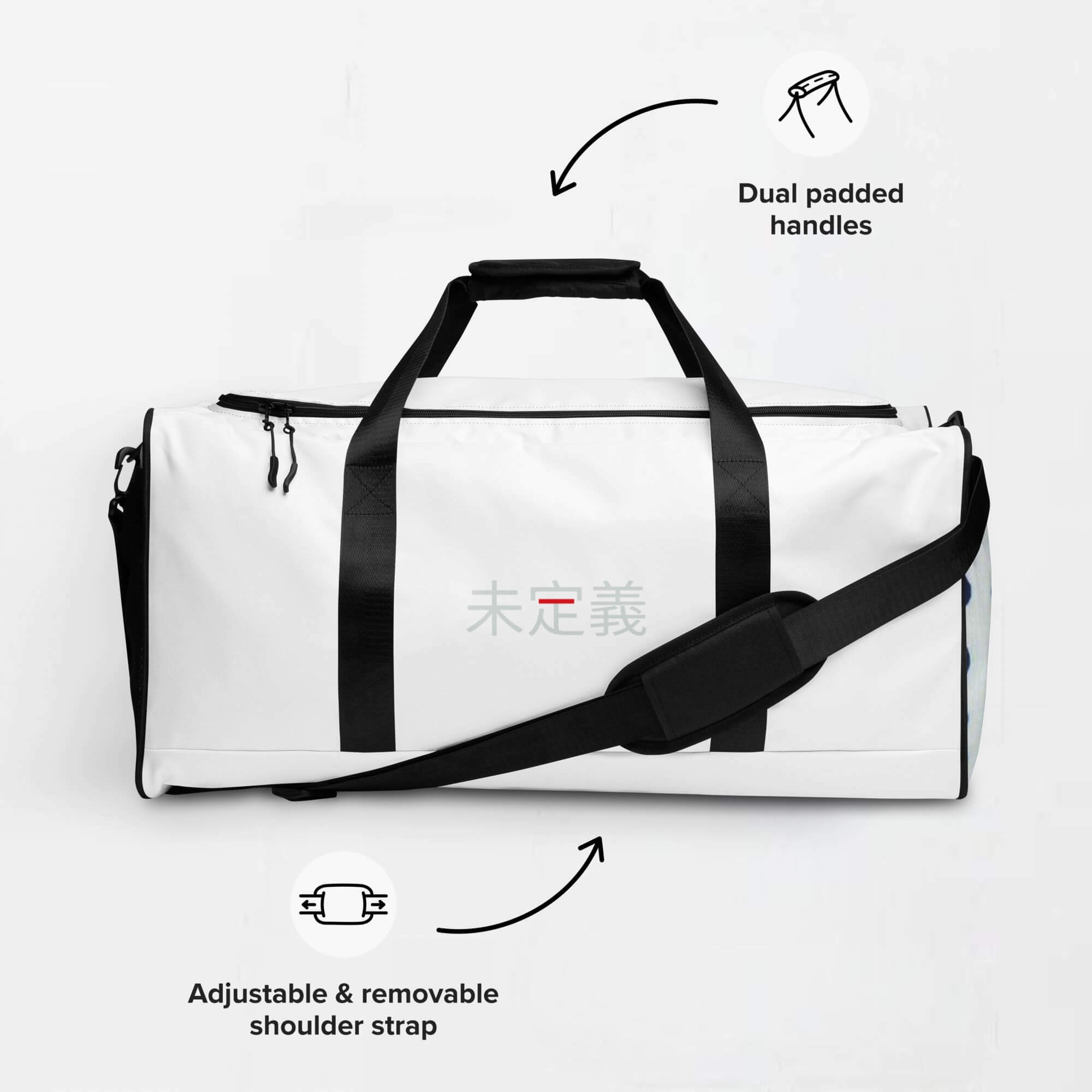 miteigi Script Logo Duffle Bag   miteigi Logo branded product item Fitness Sports Activewear by miteigi products brand items luggage baggage bags White platinum blue red