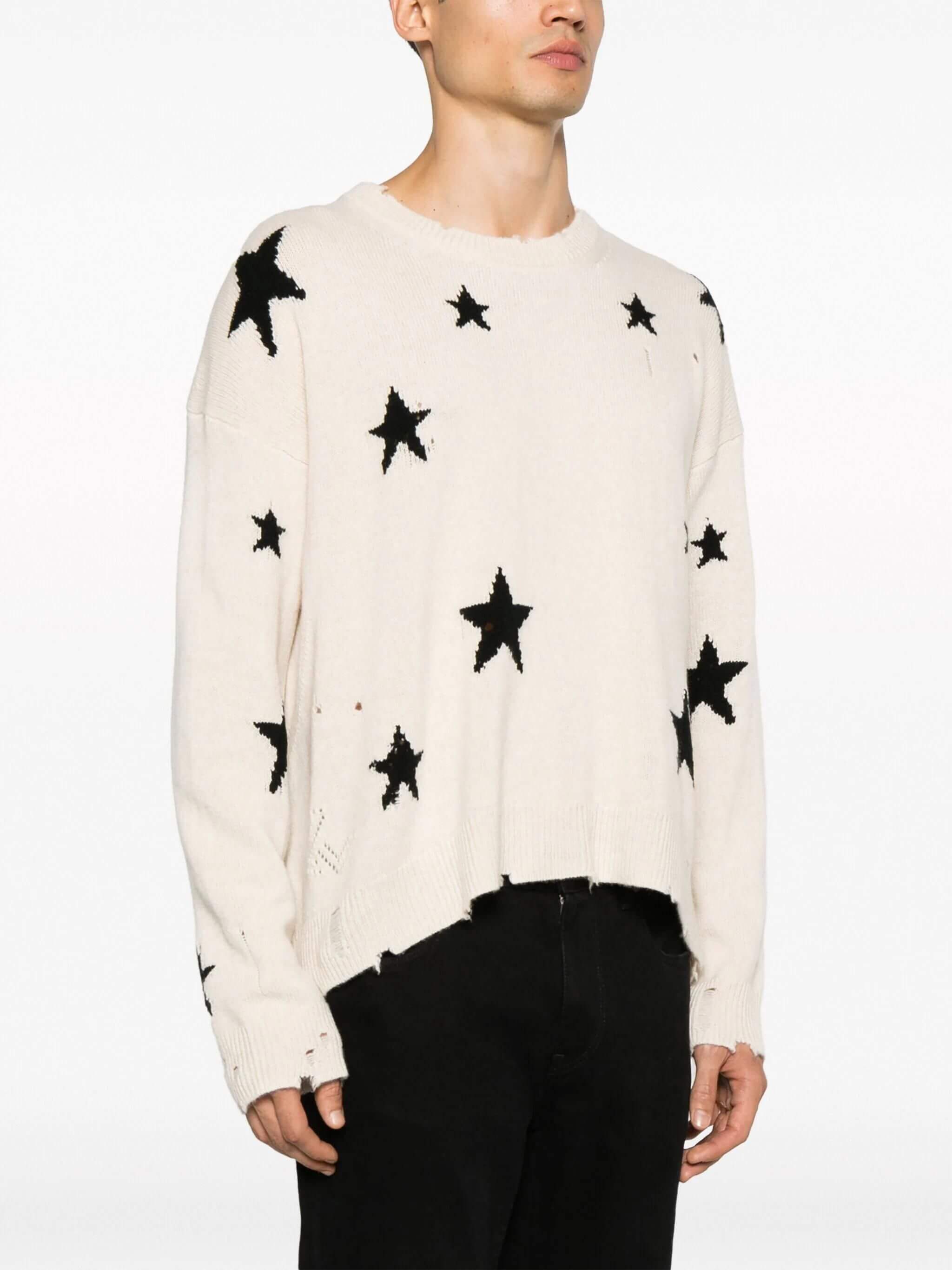 Holed Cashmere Sweater  Women's Men’s unisex anywear Top Star Pattern Holes 100%-Cashmere Loose Sweaters for Man Woman Fall Autumn Winter Spring womens mens Fashion season  in white with black stars