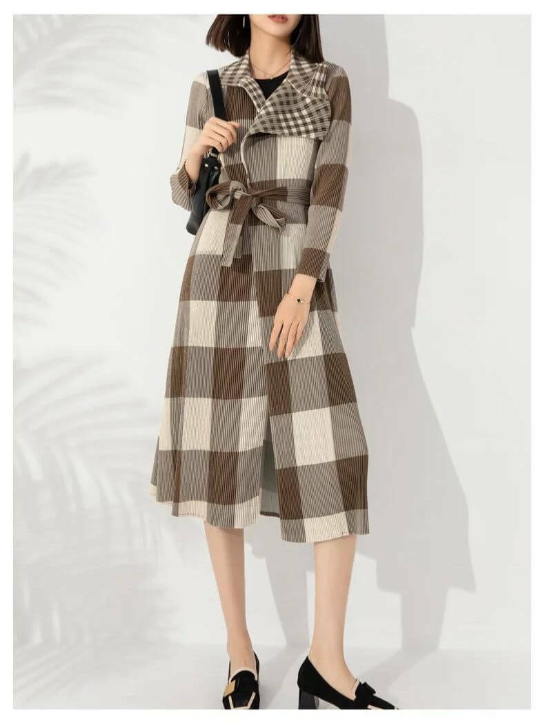 Miyake Pleated Turndown Collar Dresscoat khaki Women’s Windbreaker Chest Buckle Belt Plaid Printed long sleeves Coats dresses for woman in beige brown Womens Fashion Japanese Designer Issey fashion