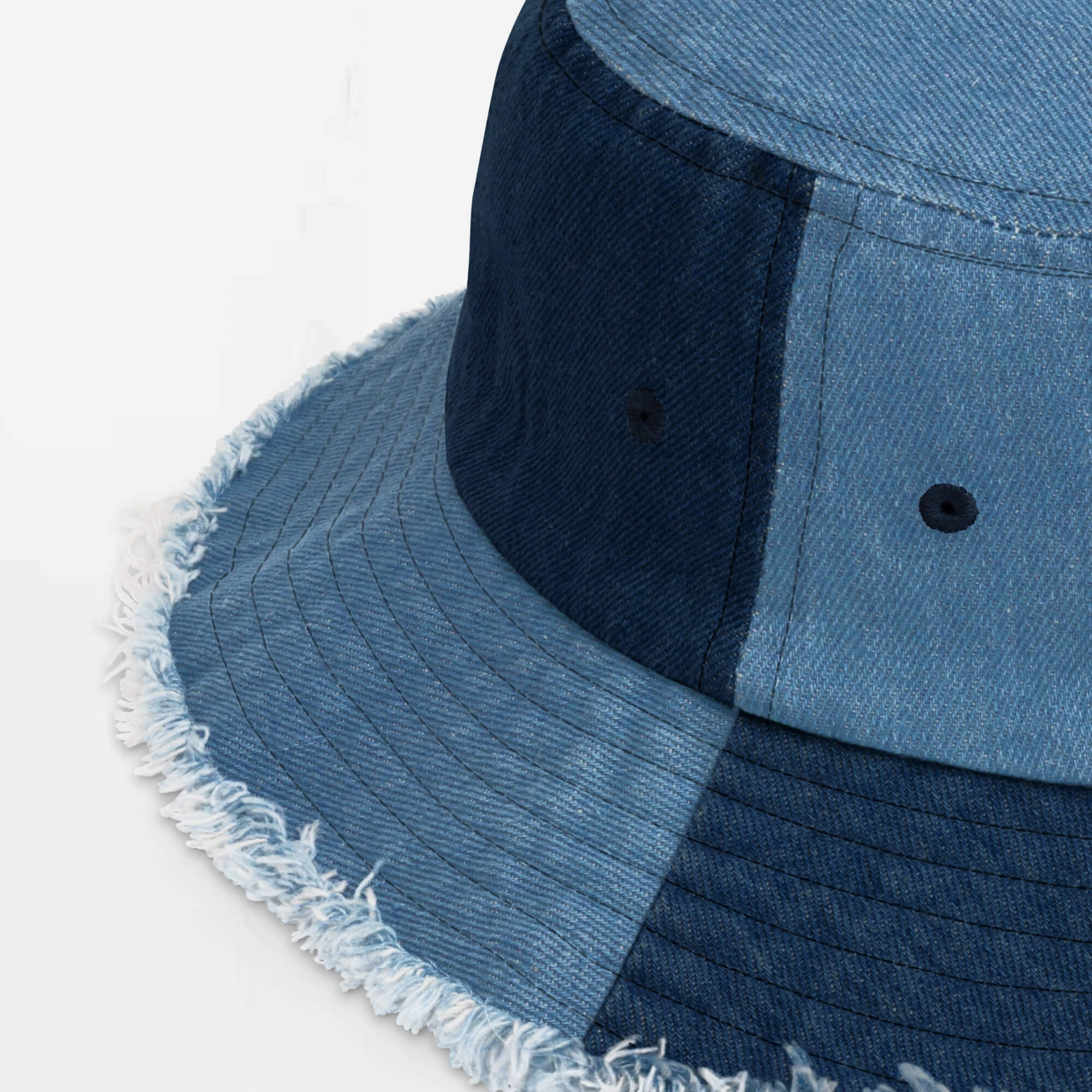 Distressed Denim Bucket Hat miteigi Script Logo   miteigi Logo Branded product item unisex anywear Women’s Men’s 100% Cotton sunshade foldable hats for man woman in patchwork blue Mens Womens Genderful headwear